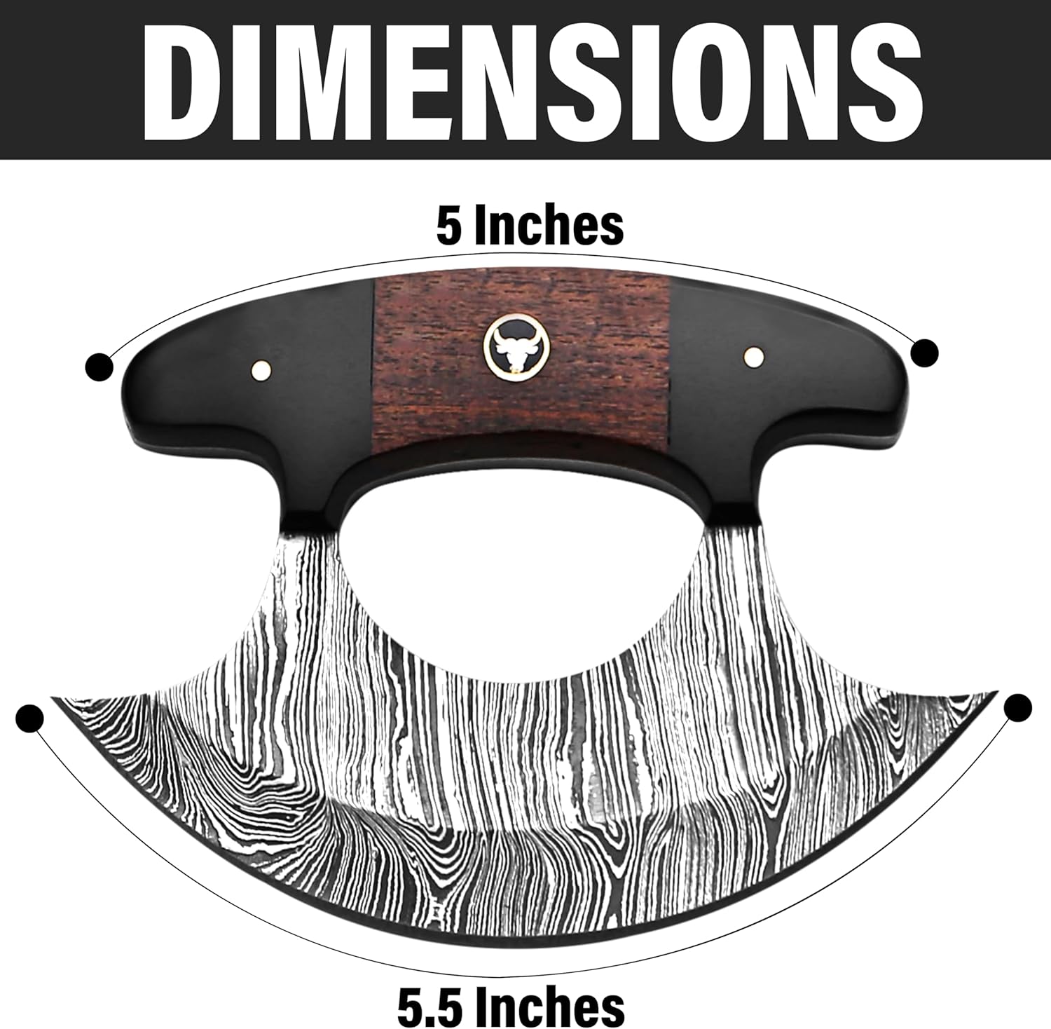 Damascus Ulu Knife- Handmade 5.5" Alaskan Pizza Cutter Small Ulu Knife with Sheath- Ideal Alaska gifts for Chopping, Slicing, Mincing, and Skinning (Black & Brown)