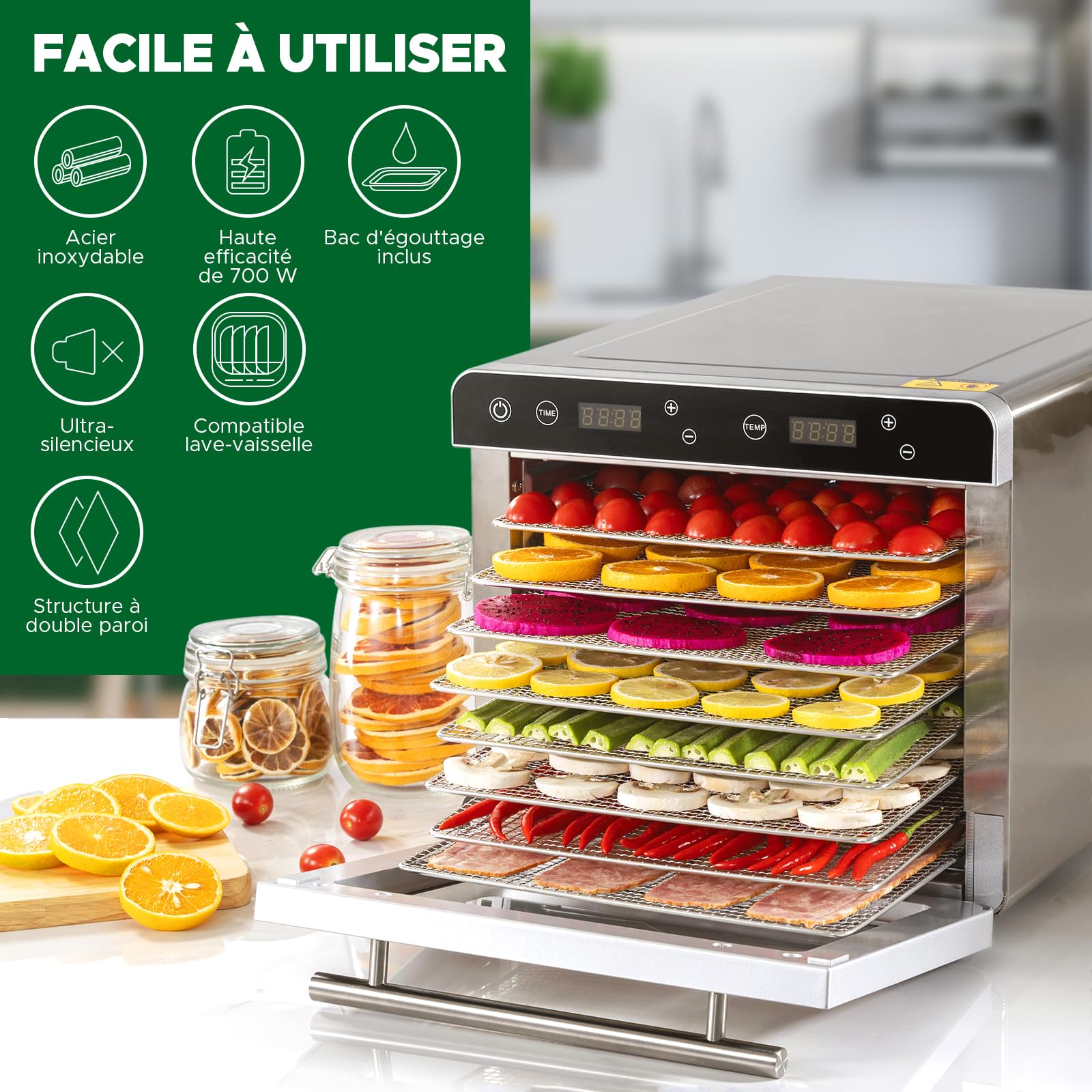 Kwasyo Deshydrateur Alimentaire Avec 8 Plateaux Inox, 700W, Minuteur 24H, 30 à 85°C, Calme Food Dehydrator pour Fruits, Légumes, Viande, Poisson, Herbes et Champignons, Recettes en Anglais, Sans BPA