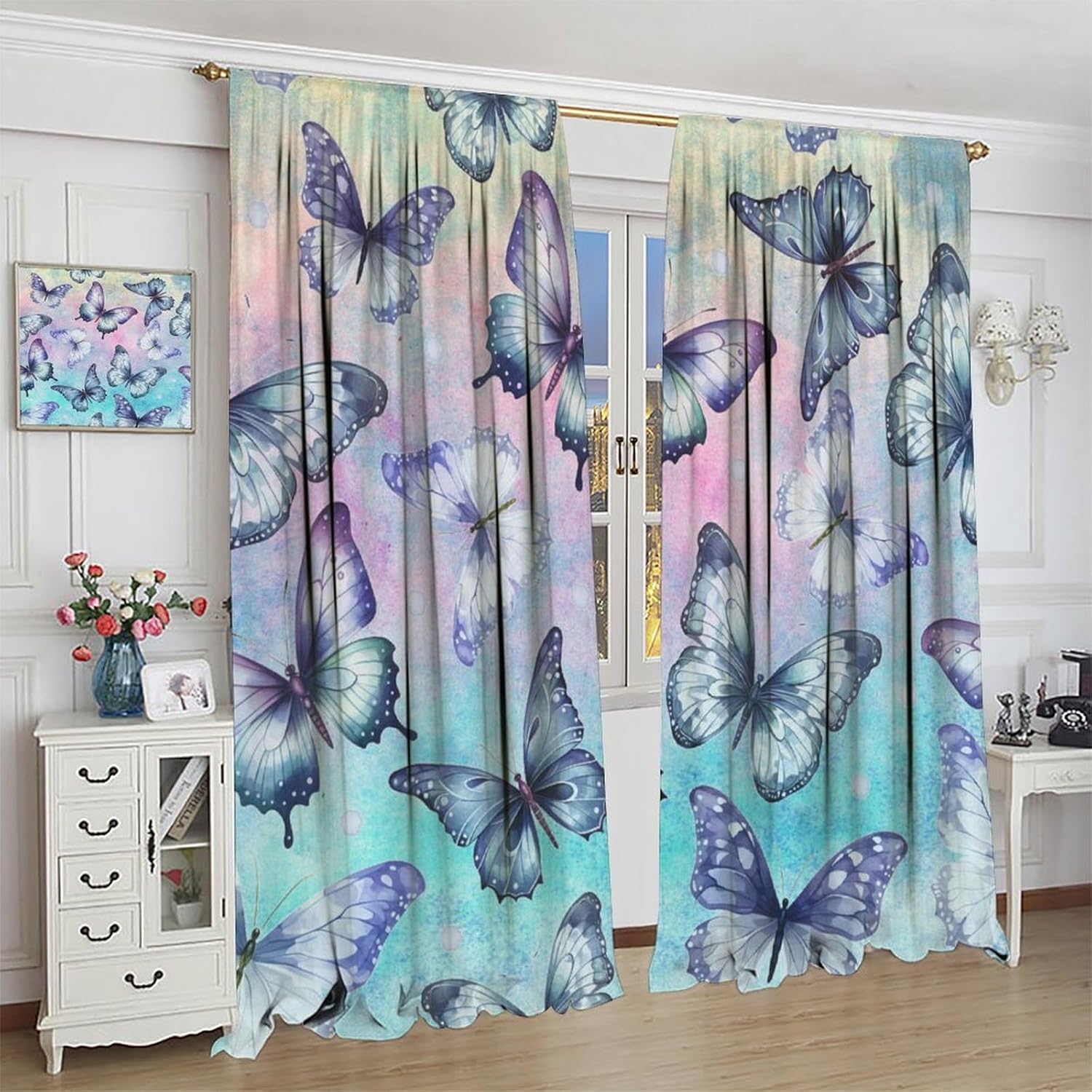 Dream Butterfly Curtain, Watercolor Purple Blue Ink Painting Kids Girl Colorful Window Treatments for Bedroom Living Room Kitchen Drapes Rod Pocket 42x45 Inch