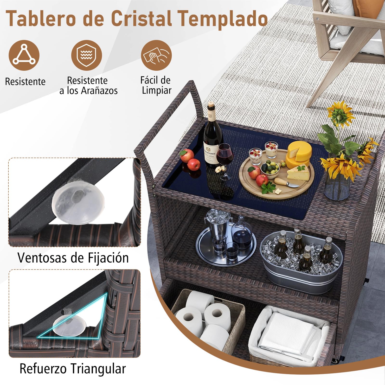 COSTWAY Carrito de Ratán para Exterior, Mesa Auxiliar Rodante con Encimera de Vidrio Templado, Estante Abierto y Cajón Grande, Carro de Servicio de Ratán PE para Patio Porche Jardín Piscina