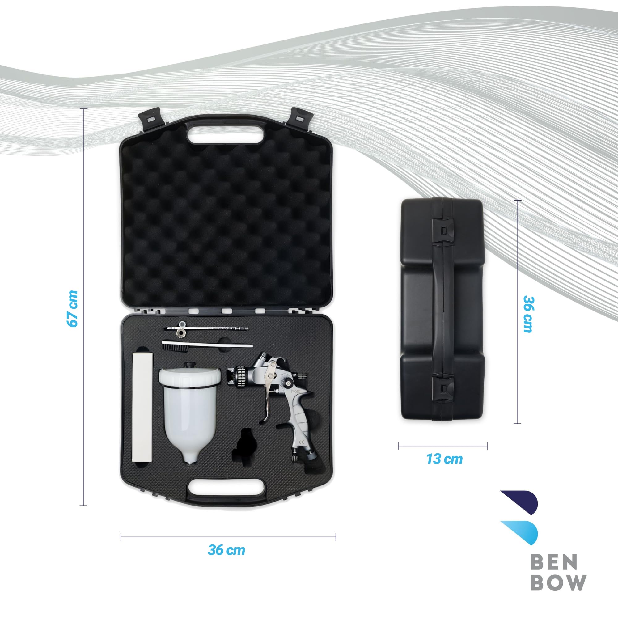 BenBow Set pistola vernice a spruzzo PK60 HVLP ugello da 1,4 mm + 1,8 mm + serbatoio da 600 ml + valigetta - ideale per la verniciatura automobilistica – pistola a spruzzo ad aria compressa