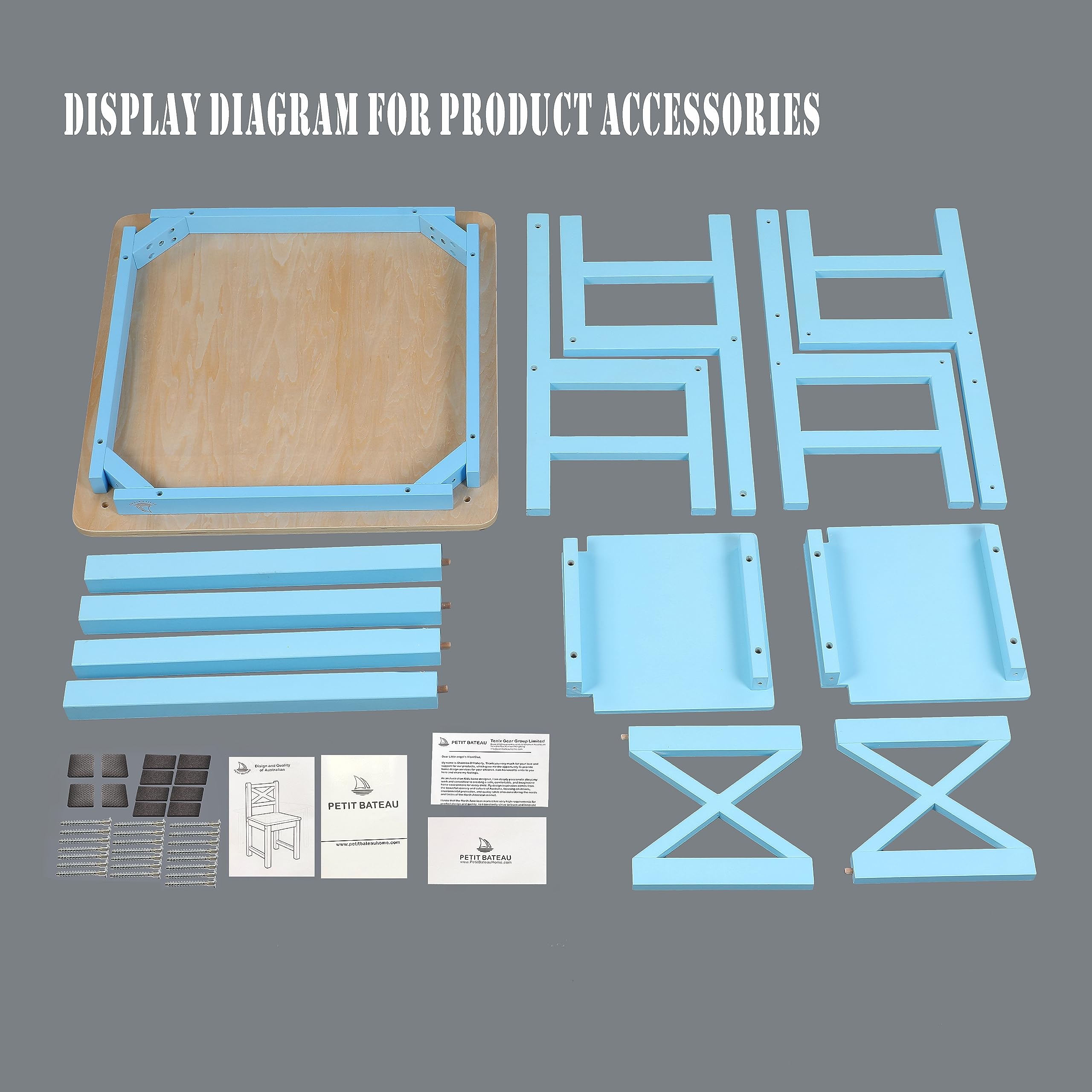 PETIT BATEAU Solid Wood Kids Table and 2 Chairs Set Modern for 2-8 Years Boy Girl Children Toddler Blue Color Craft Art Preschool Playroom Wooden Furniture