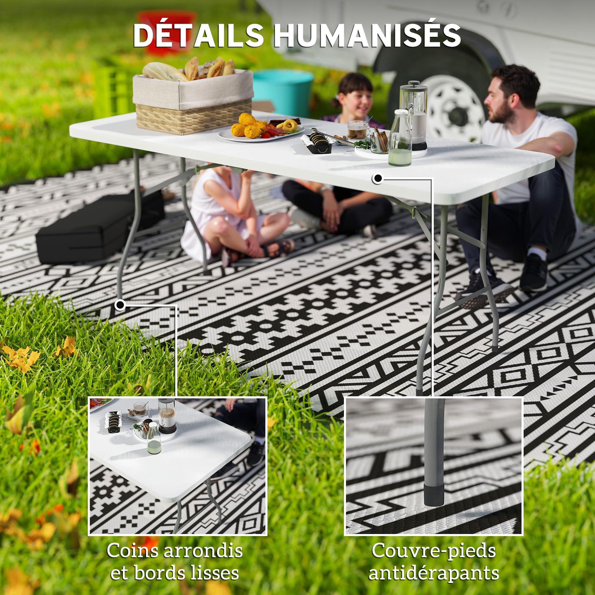 Outsunny Tavolo pieghevole in HDPE tavolo da campeggio pieghevole 180 x 74 x 74 cm, con una maniglia, copripiedi antiscivolo, per esterno, terrazzo, campeggio, spiaggia, bianco