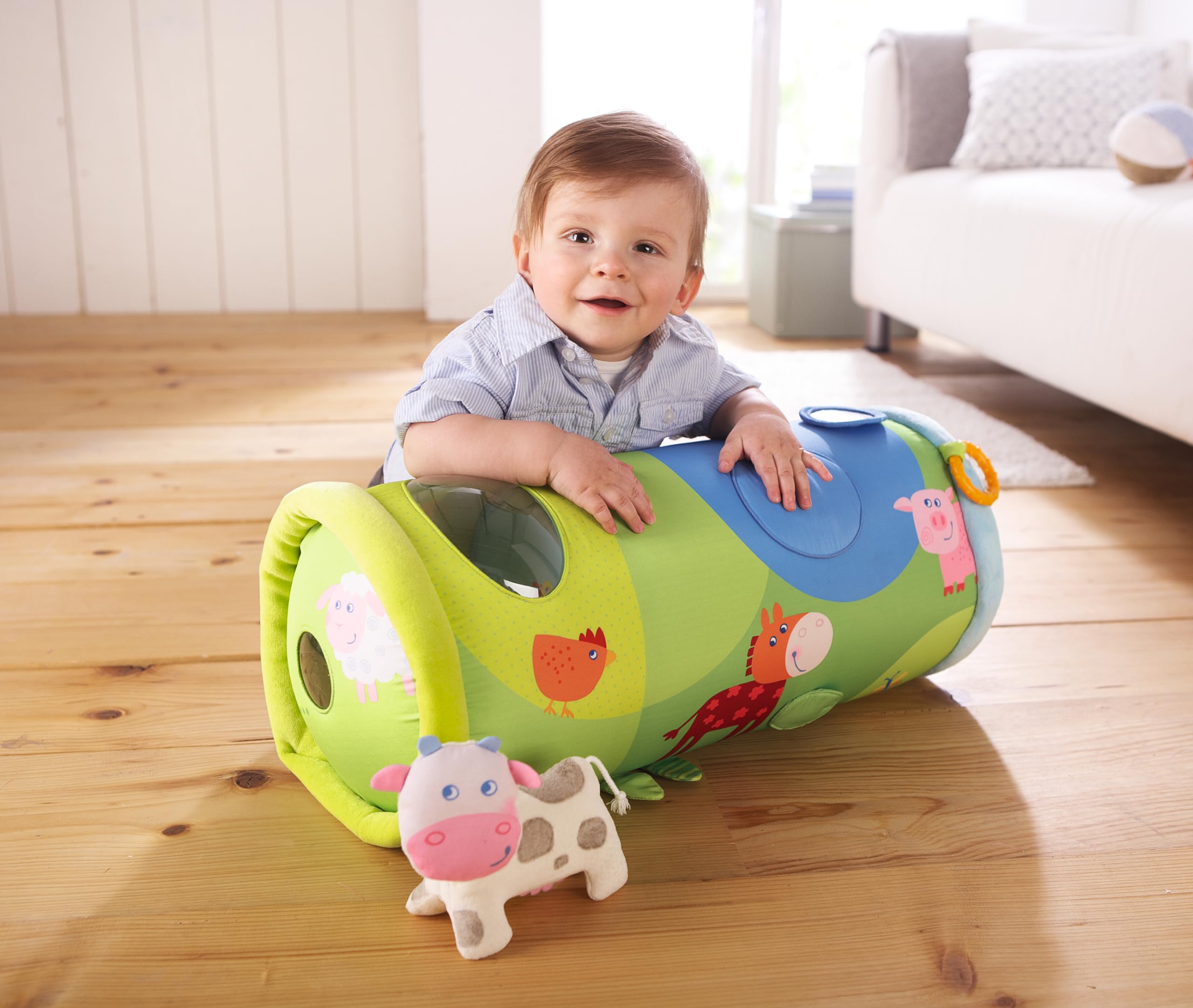 HABA 301197 Krabbelrolle Bauernhof, Geschenk für Babys, Hilfe zum Krabbeln Lernen