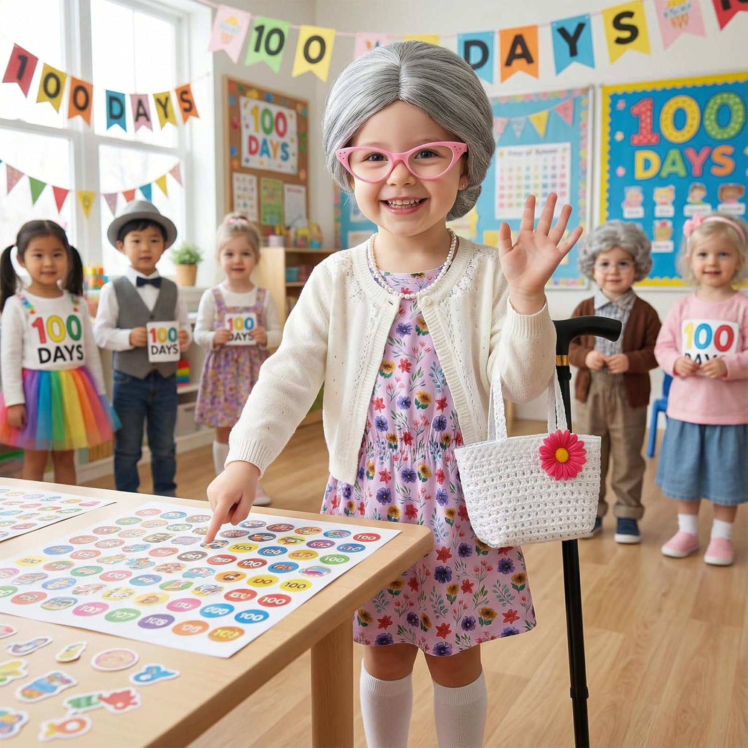 PJT 100 Days of School Girls Old Lady Costume for Kids,Grandma Dress up Granny Wig Glasses Cane for Toddler Cosplay - Image 4