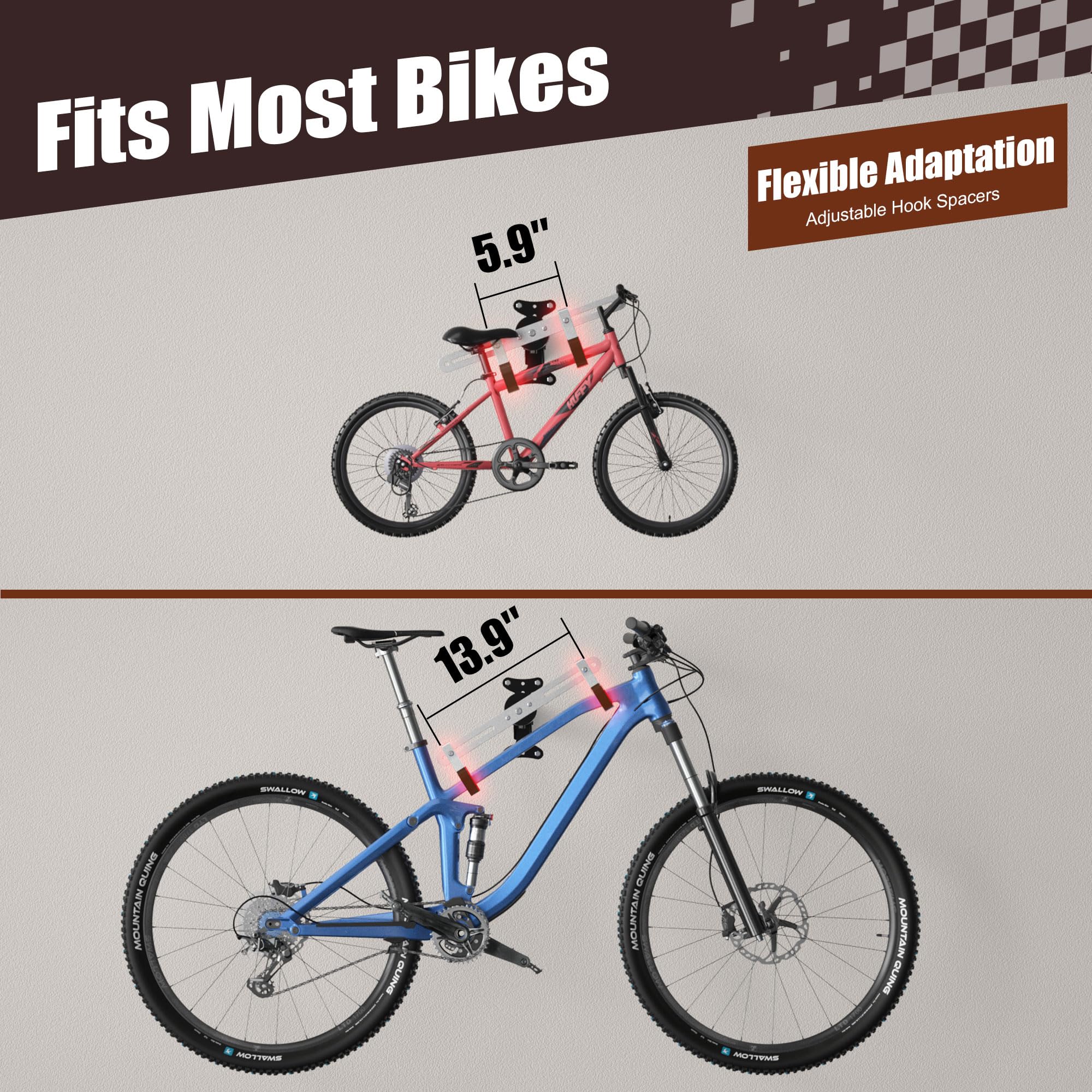 Bike Wall Mount Hanger for Garage, Heavy-Duty Durable Aluminum Alloy Horizontal Bicycle Storage Rack with Adjustable Hook, Hold up to 66lbs, for Road Mountain Hybrid Bikes in Garage