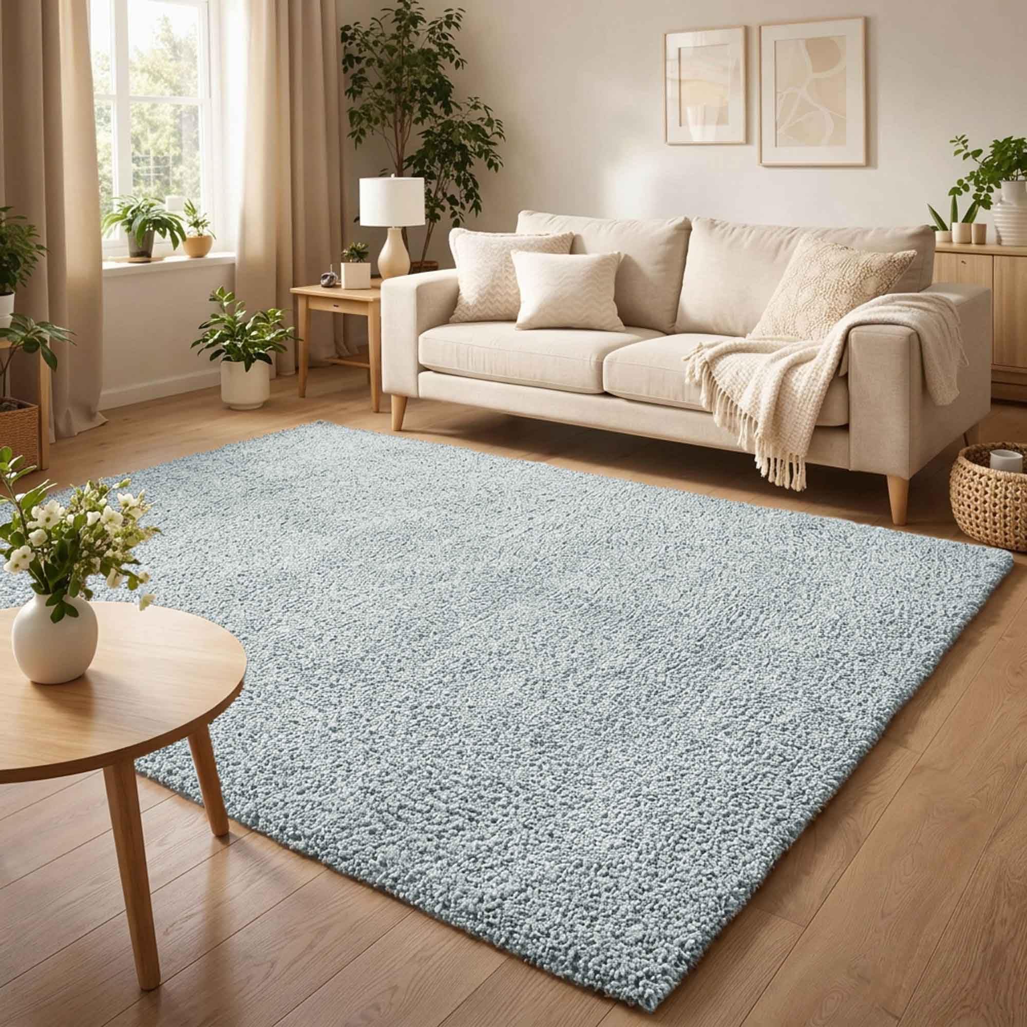 Ainsley Plain Soft Shaggy Modern Living Room Area Rug, Duck Egg, 160x230cm