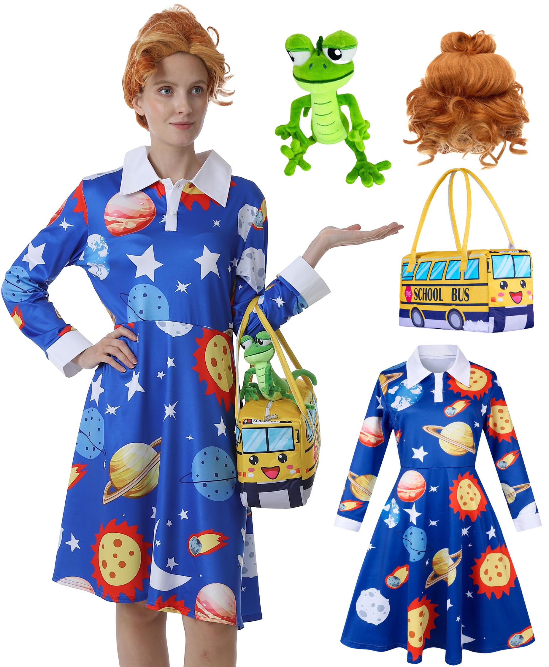 4 Pcs Ms Frizzle Dress Costume Women Teacher Halloween Costume Set