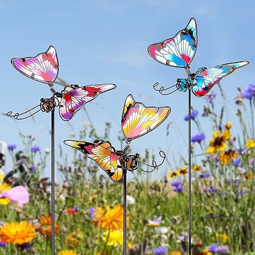 Miniatura 7 de Juegoal Juego de 3 estacas de jardín de mariposas, estacas de mariposas coloridas de 20 pulgadas, adornos artísticos de vidrio y metal para patio,
