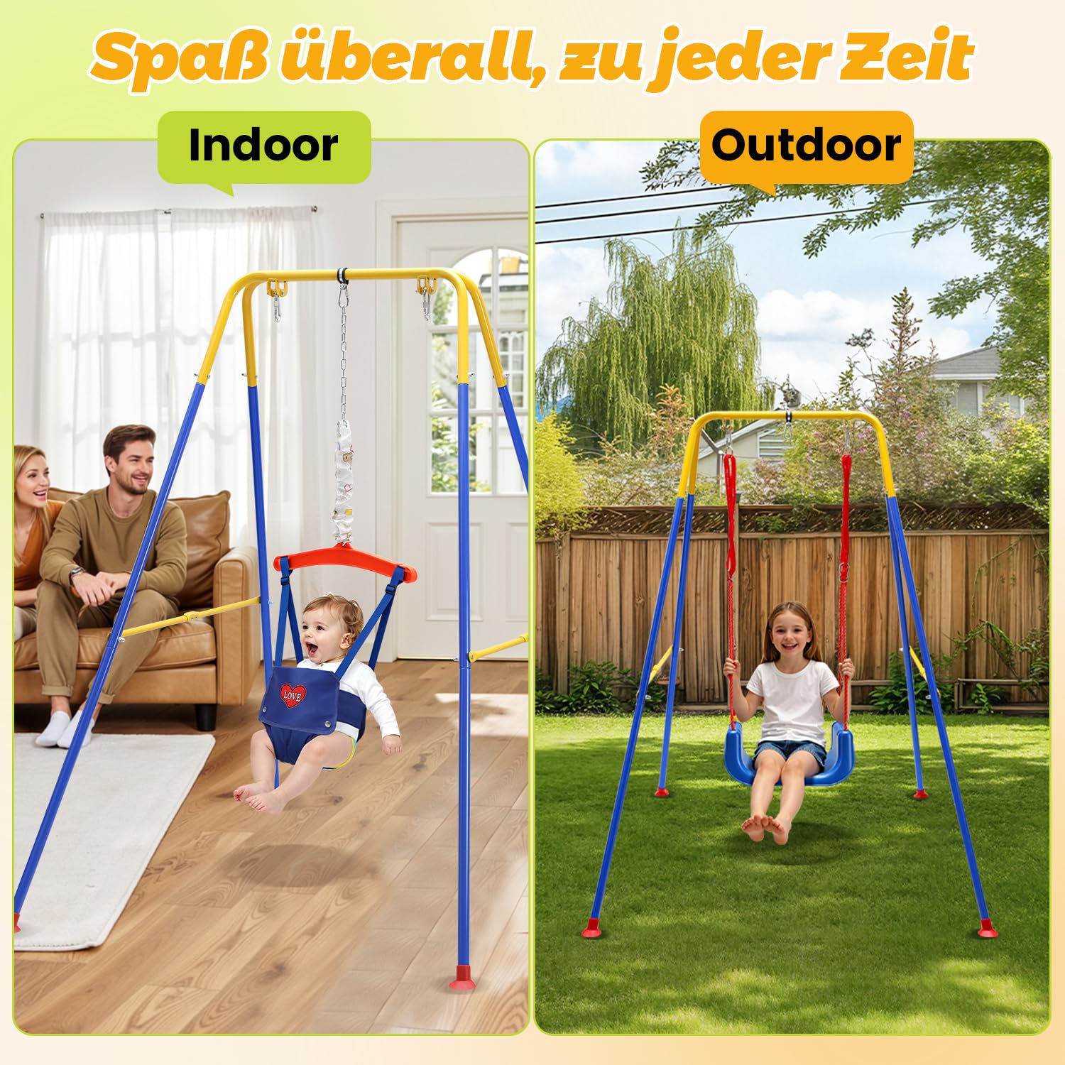 Balançoire pour bébé 4 en 1 avec armature - Balançoire pour enfant - Avec ceinture de sécurité - Pliable et 4 sacs de sable - Pour l'intérieur et l'extérieur - Facile à monter