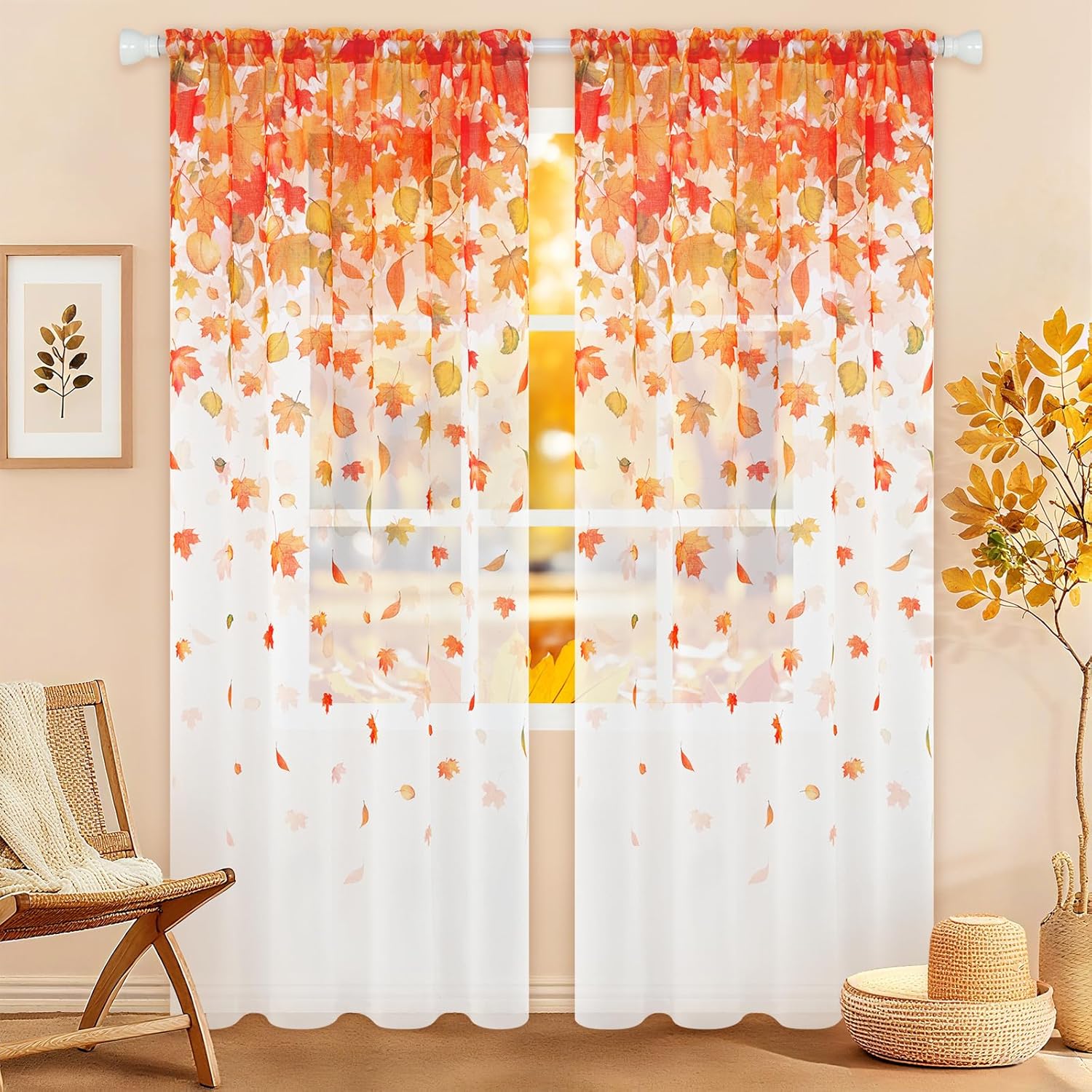 ASPMIZ Fall Curtains for Living Room, Thanksgiving Curtains 84 Inch Length 2 Panels Set, Maple Leaf Window Curtain for Bedroom, Autumn Rod Pocket Window Treatment Drapes, Fall Decorations for Home
