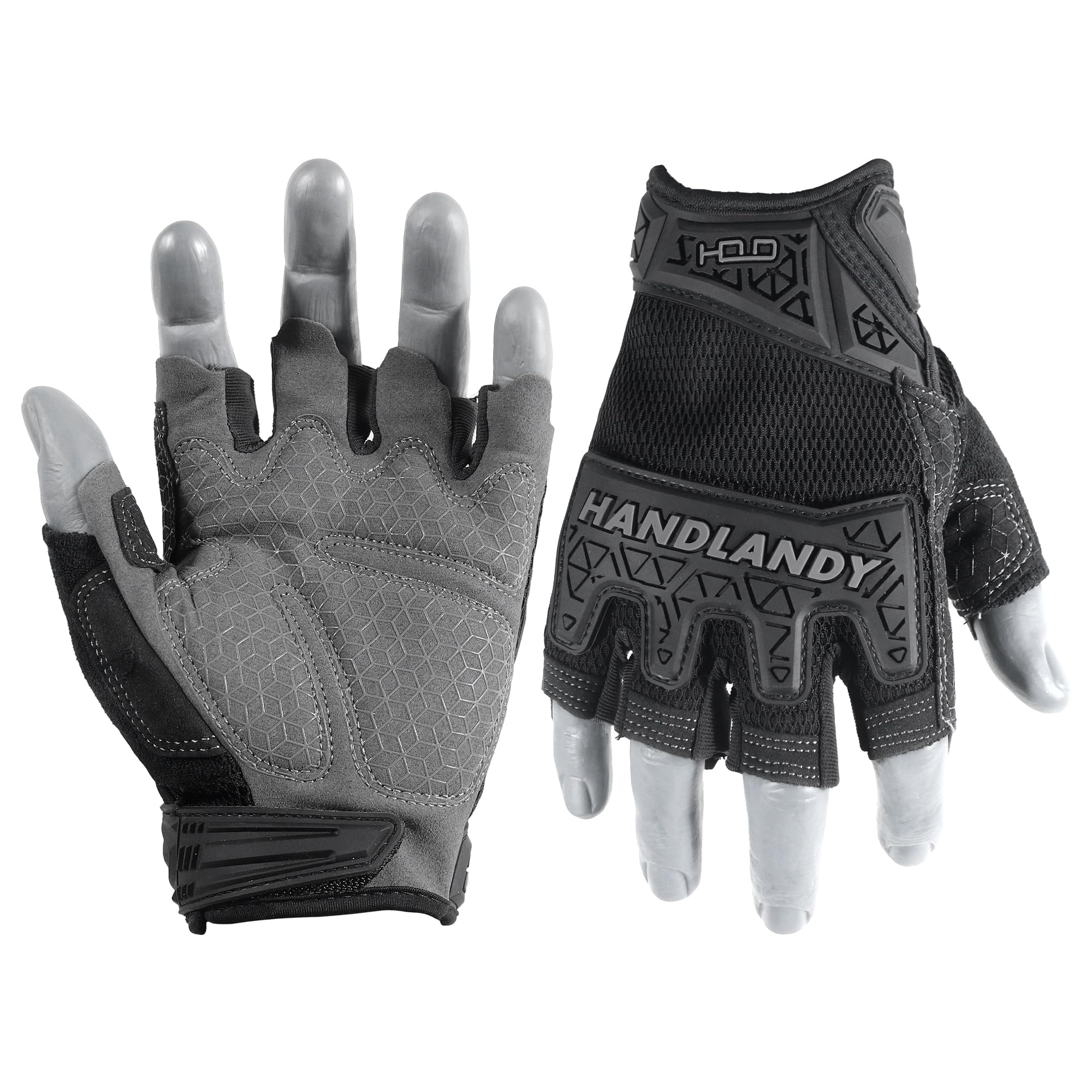 HANDLANDY Fingerless Work Gloves for Mens & Women, Uwrist Half Finger Shock-Absorbing Breathable Glove