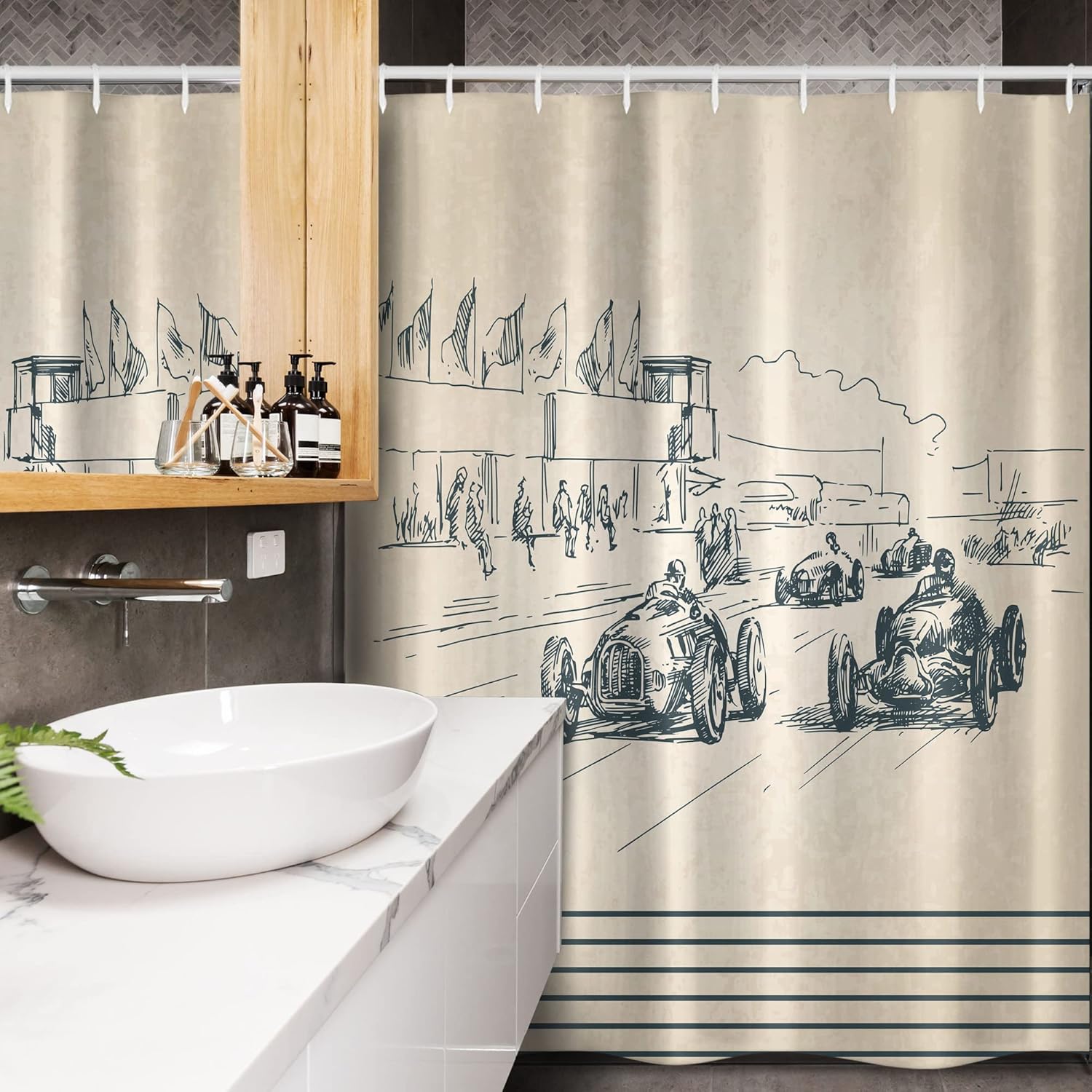 Ambesonne Vintage Car Stall Shower Curtain, Vintage Racing Cars Sport Nostalgic Sketchy Doodle Style, Fabric Bathroom Decor Set with Hooks, 54" W x 78" L, Beige Forest Green