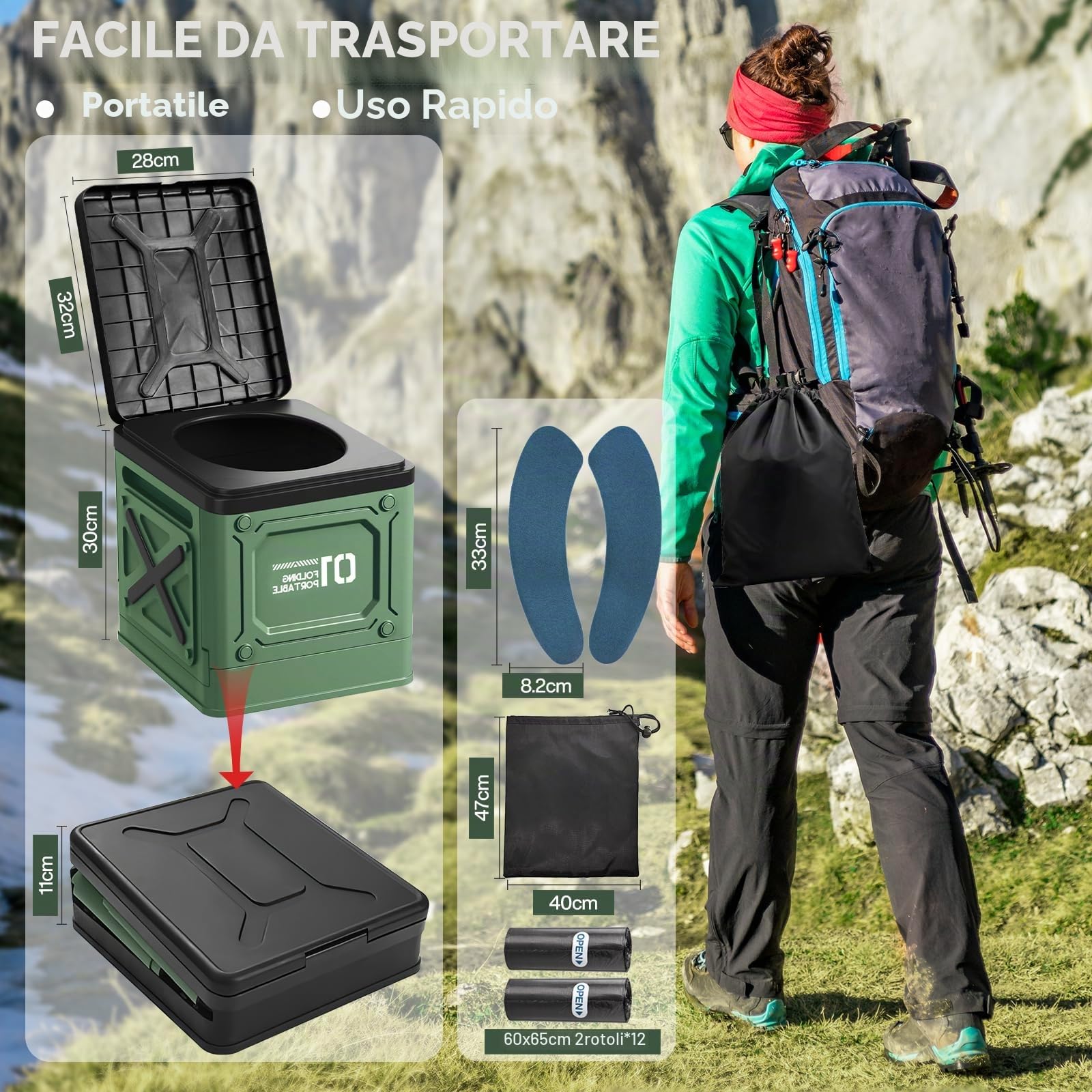 WC Portatile,Water Portatile Adulti,Toilette Portatile Campeggio Pieghevole,WC Portatile Adulti Max 150 kg,Gabinetto Portatile Adulti per Campeggio,Auto,Viaggi (Verde)