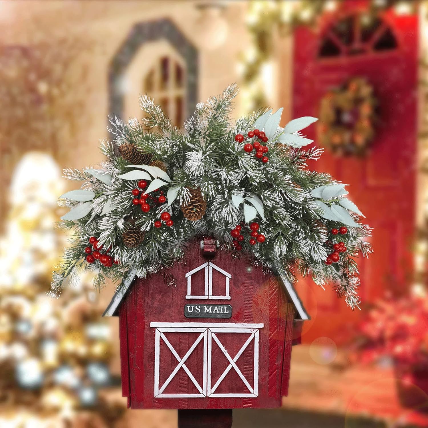 HiiARug Christmas Swag 26 Inch Artificial Christmas Mailbox Swag Front Door Decorative Swag Faux Greenery Pine Swags with Pine Cone Red Berries for Christmas Decorations Outdoor Porch Door Patio