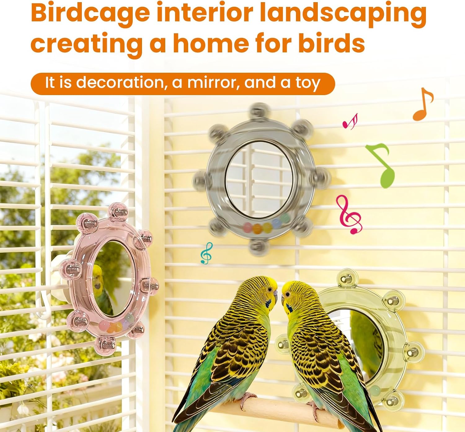 Bird Mirror Toys for Cage,Parakeet Rotating Sound Wheel Training Chew Toys | Attracting Birds with Sounds,Helps Birds Release Stress,High-Definition Mirror,Durable ABS Material,Easy to Install and Clean