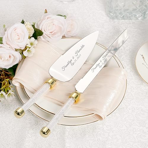 Miniatura 4 de Juego de cuchillo y servidor personalizado para pastel de boda, juego de corte de pastel de cristal grabado, cortador de pastel plateado, cuchillo
