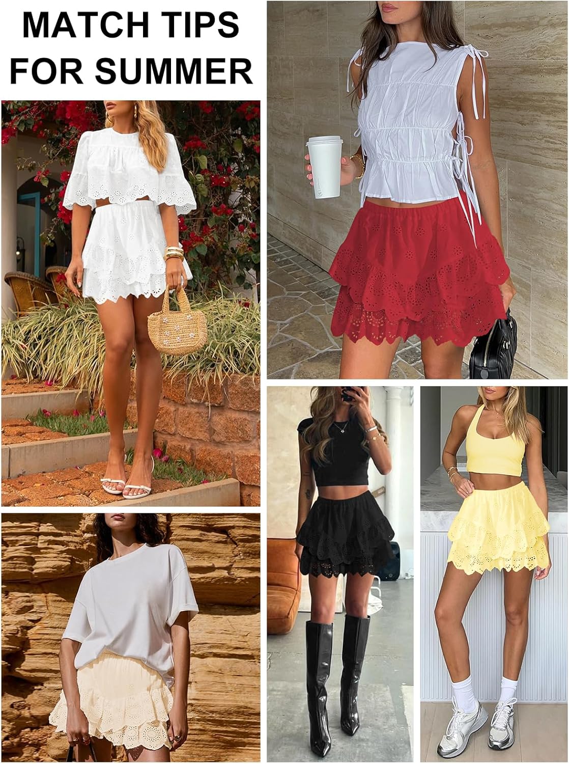 Women's Mini Skirts for Women High Waist Ruffle Skirt Smock Eyelet Solid A Line Summer Party Beach Short Skort - Image 5