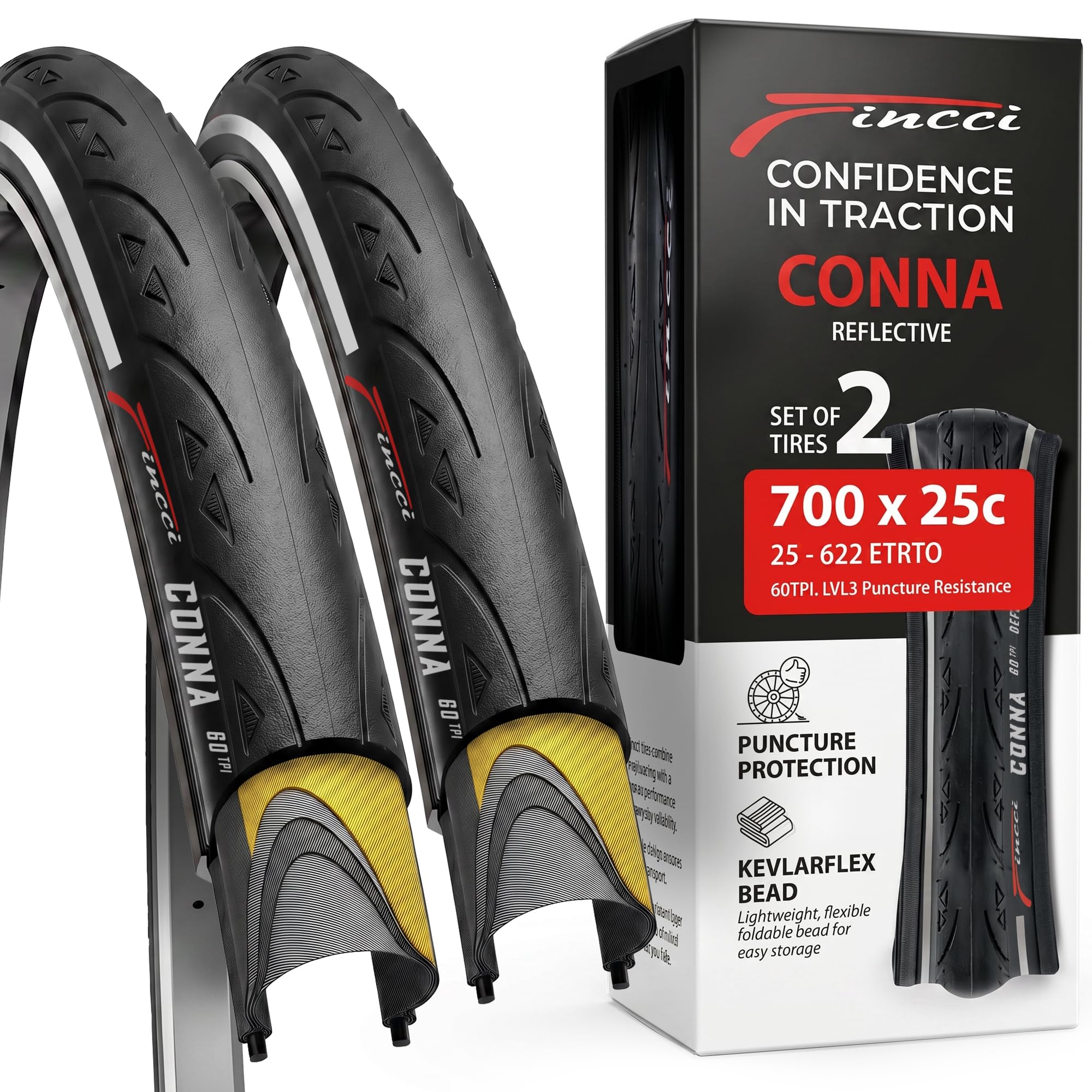 Fincci Cubiertas Carretera 700x25 - Par Plegable Reflectante Neumáticos Bicicleta 25-622, 60 TPI, Gomas 28" con 1mm Antipinchazos para Electro Ciclo Bici, Carrera Turismo Bici - Paquete de 2
