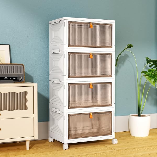 PurKeep Lot de 4 boîtes de rangement avec couvercle – Boîte de rangement en plastique à 4 niveaux avec couvercle, boîtes empilables avec roulettes, tiroirs de rangement avec porte d'entrée, boîte en - 2