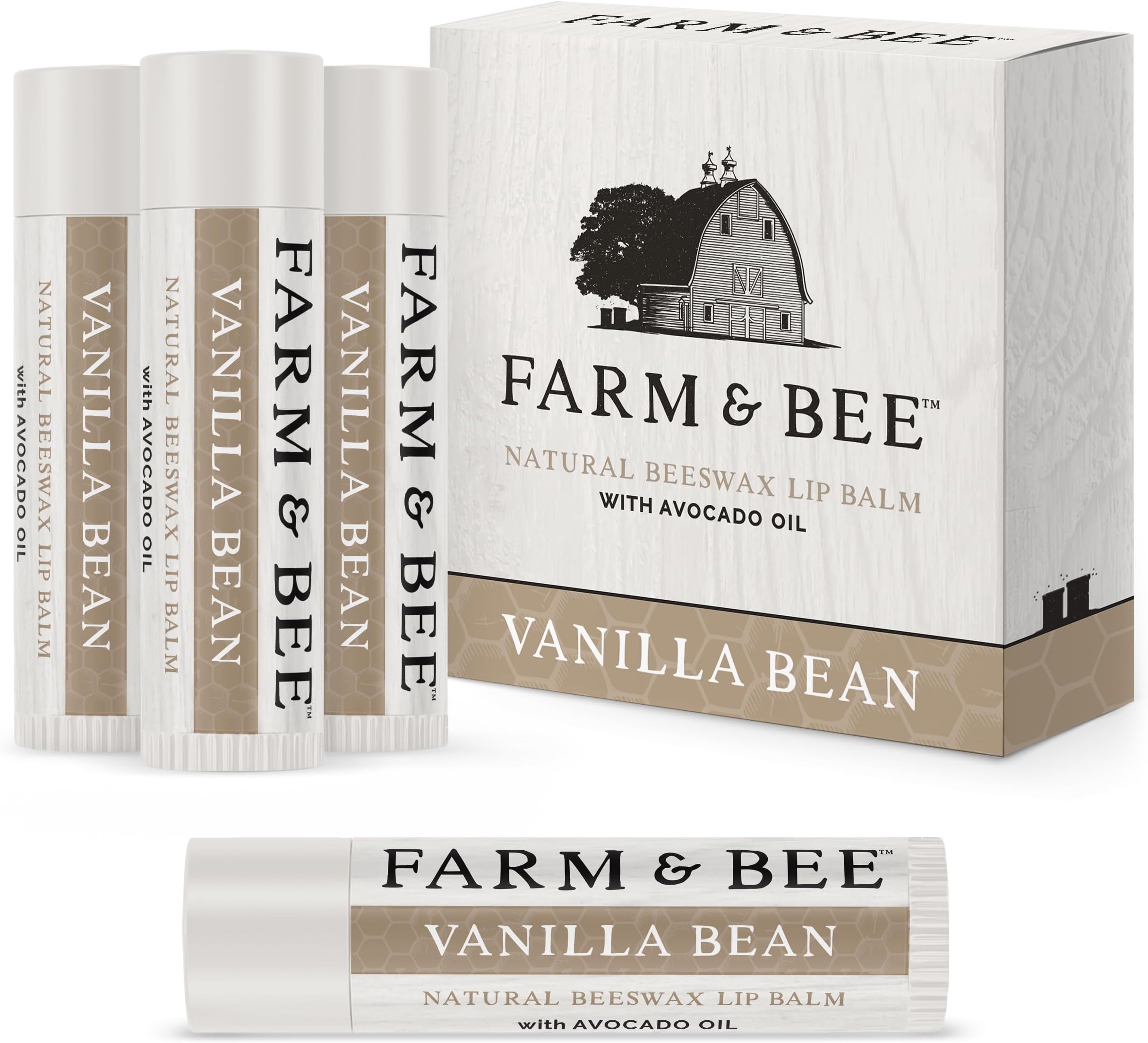 Natural Lip Balm - Organic & Natural Ingredients - Beeswax Based Moisturizing Lip Care Chapstick for Chapped Lips - Great Gift Idea - Farm & Bee - 0.15oz (Pack of 4 - Vanilla Bean)