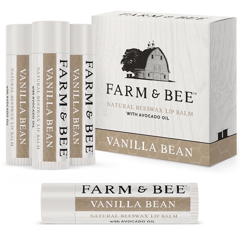 Bálsamo labial Farm & Bee com cera de abelha e óleos orgânicos, fragrância de baunilha, Pacote com 4 de 4,26 g