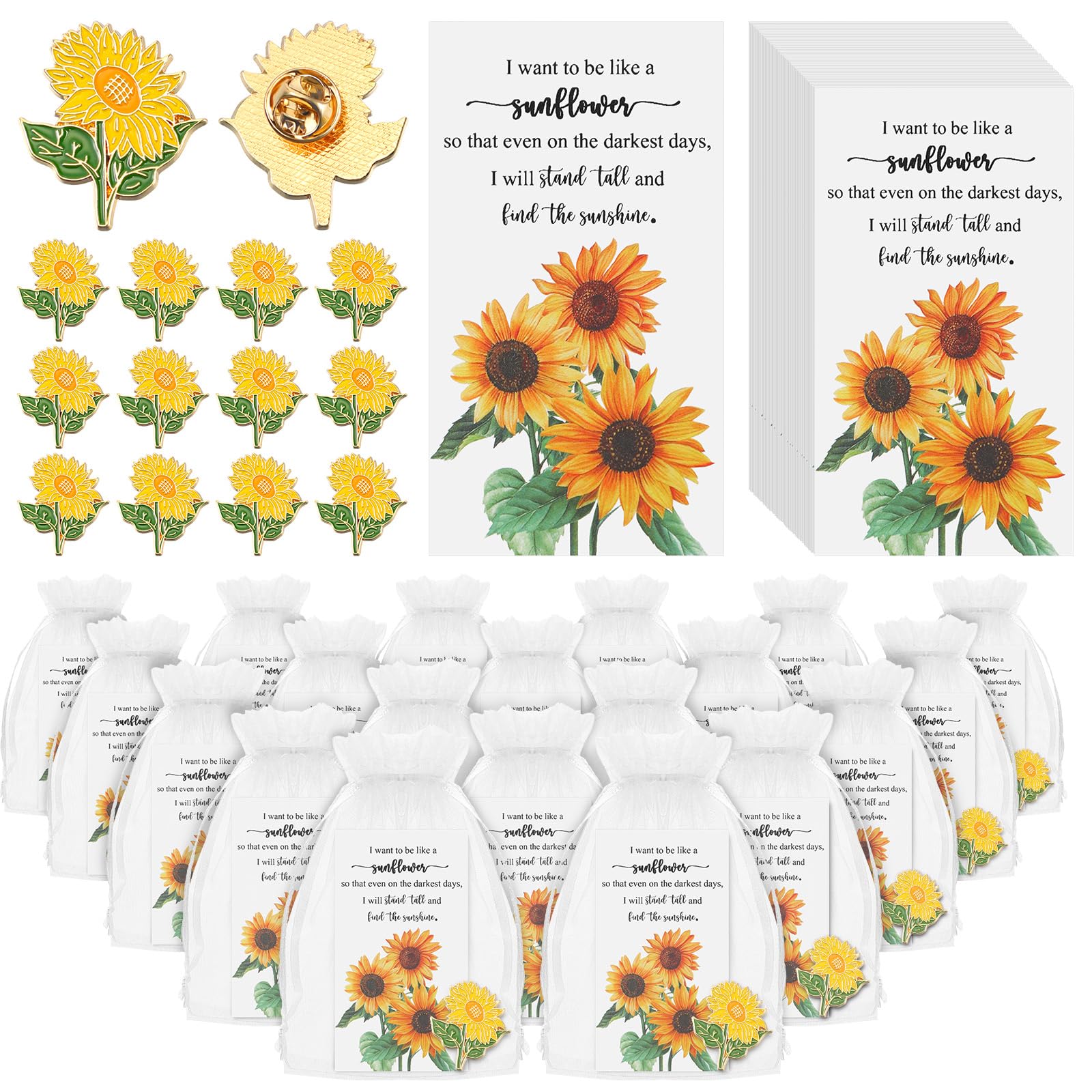 Huquary Gold Yellow Sunflower Brooch Pins with Sunflower Thank You Cards and Mesh Drawstring White Organza Bags for Women Employee Wedding Favors