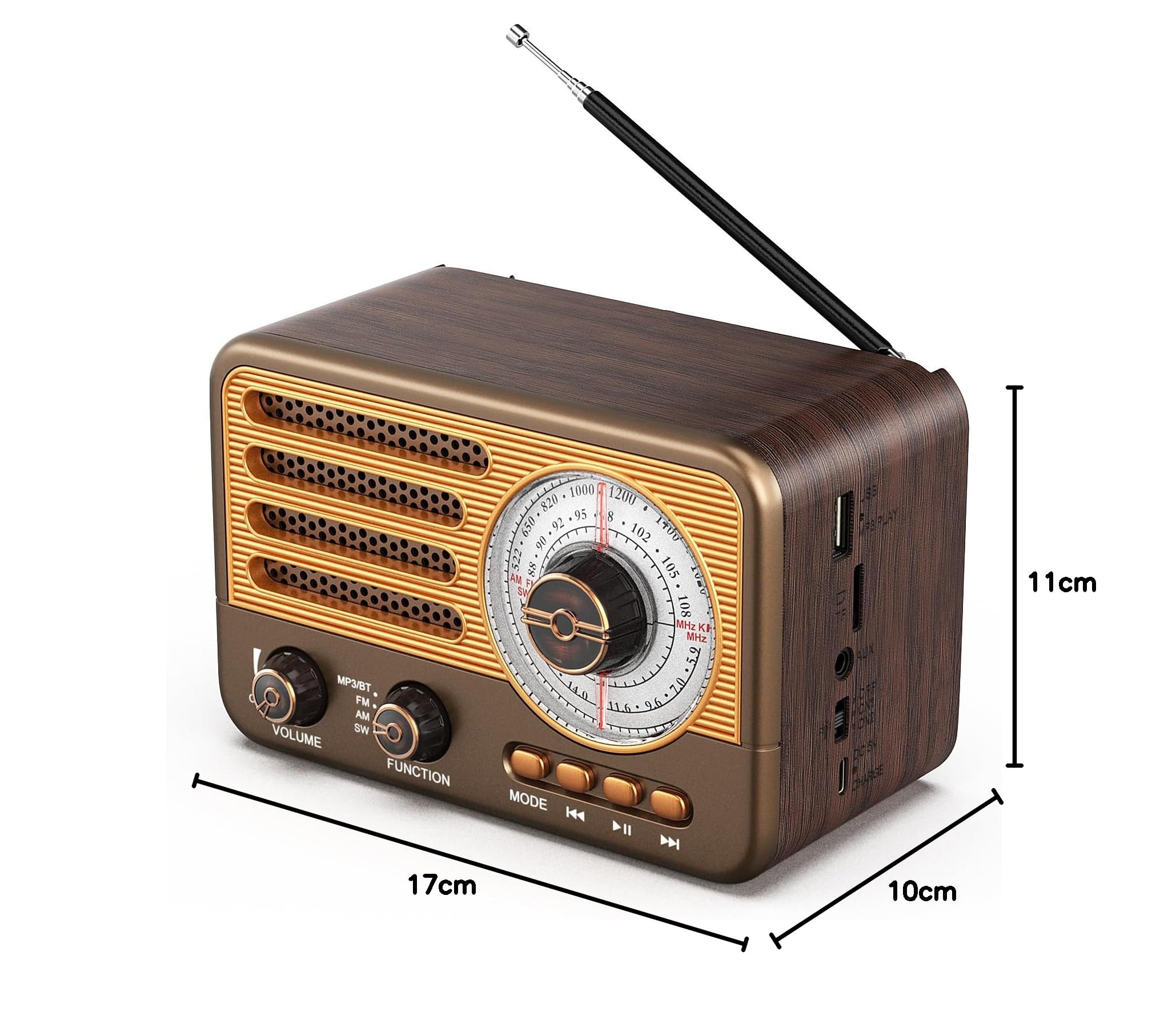 Radio transistor vintage - Estilo retro con alcance moderno - Portátil - AM/FM/SW - Con USB/TF/AUX MP3 y batería recargable de 1800 mAh