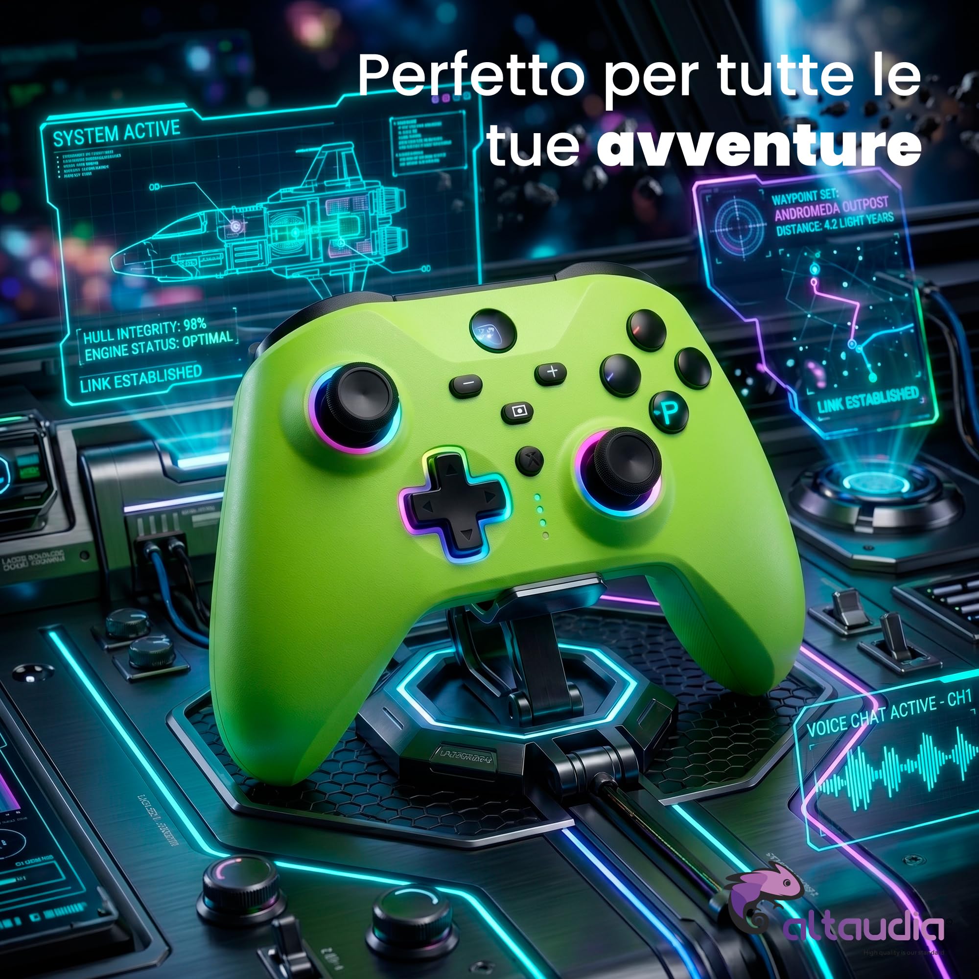 Altaudia Controller Wireless Bluetooth per PC - Compatibile con PC, Switch/Smartphone Android e iOS, Connessione USB, 2 Pulsanti Macro, Doppia Vibrazione, 6 Assi, Luci LED RGB, Colore Verde