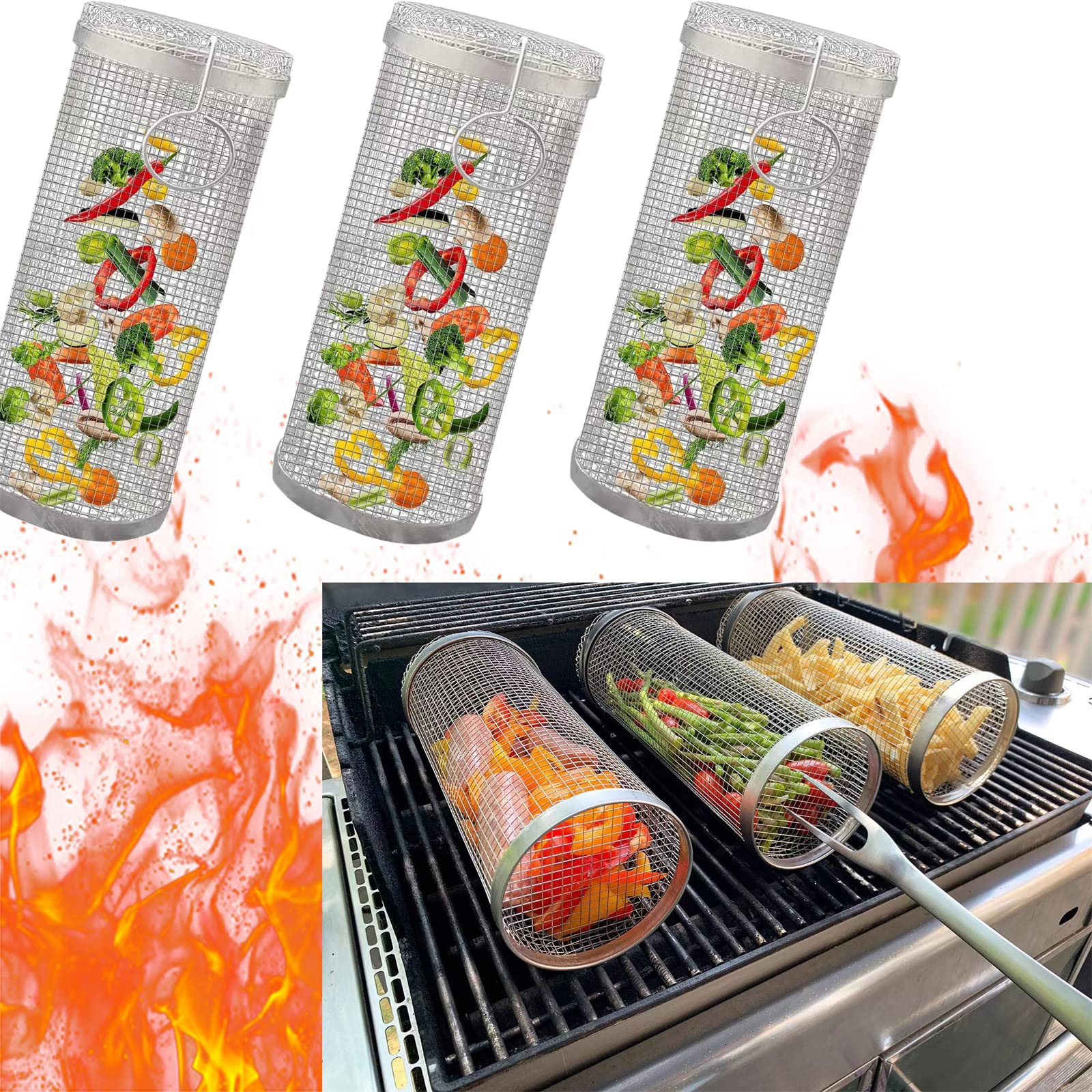 Barbecue Stainless Steel Wire Mesh Cylinder,Rolling Grilling Basket,BBQ Grill Net Cylinder,BBQ Mesh Cylinder for Family Gatherings (Large, 3 Pcs)