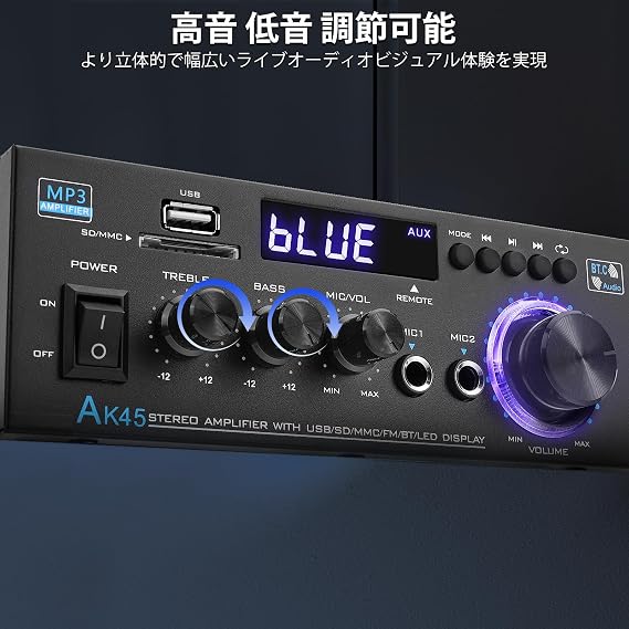 Bluetooth Amplifier 5.0 HiFi Stereo Power Amplifier Receiver 2.0 Channel 2X40W Mini Amplifier Compact Home Audio Amplifier Bass/Treble Control FM/USB/SD/MIC Input for Speakers