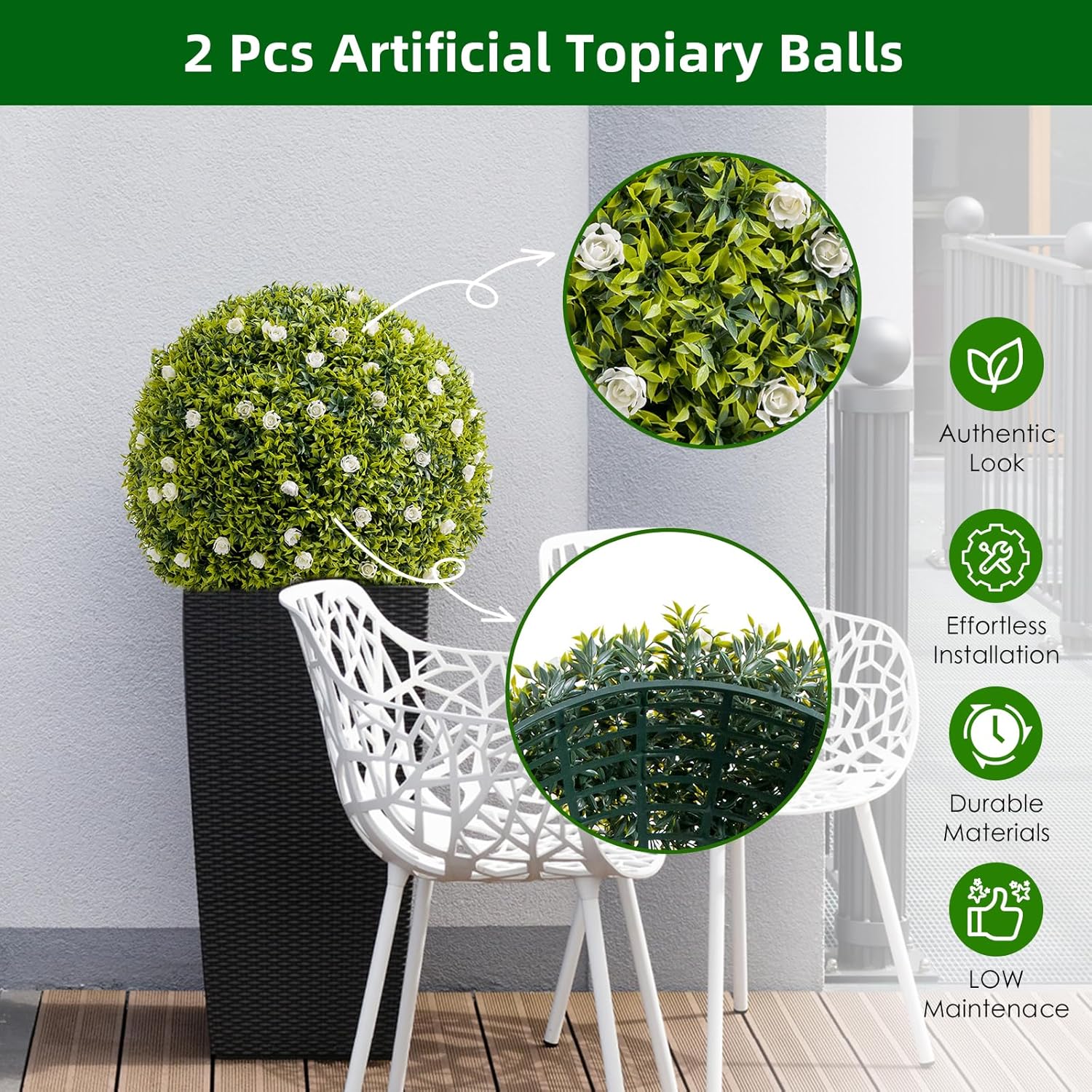 GarveeHome 12.6 in Artificial Plant Topiary Ball Set of 4, Decorative Artificial Boxwood Balls with White Flowers, Indoor Outdoor Faux Greenery for Fake Plants for Porch, Backyard, Balcony, Home Decor
