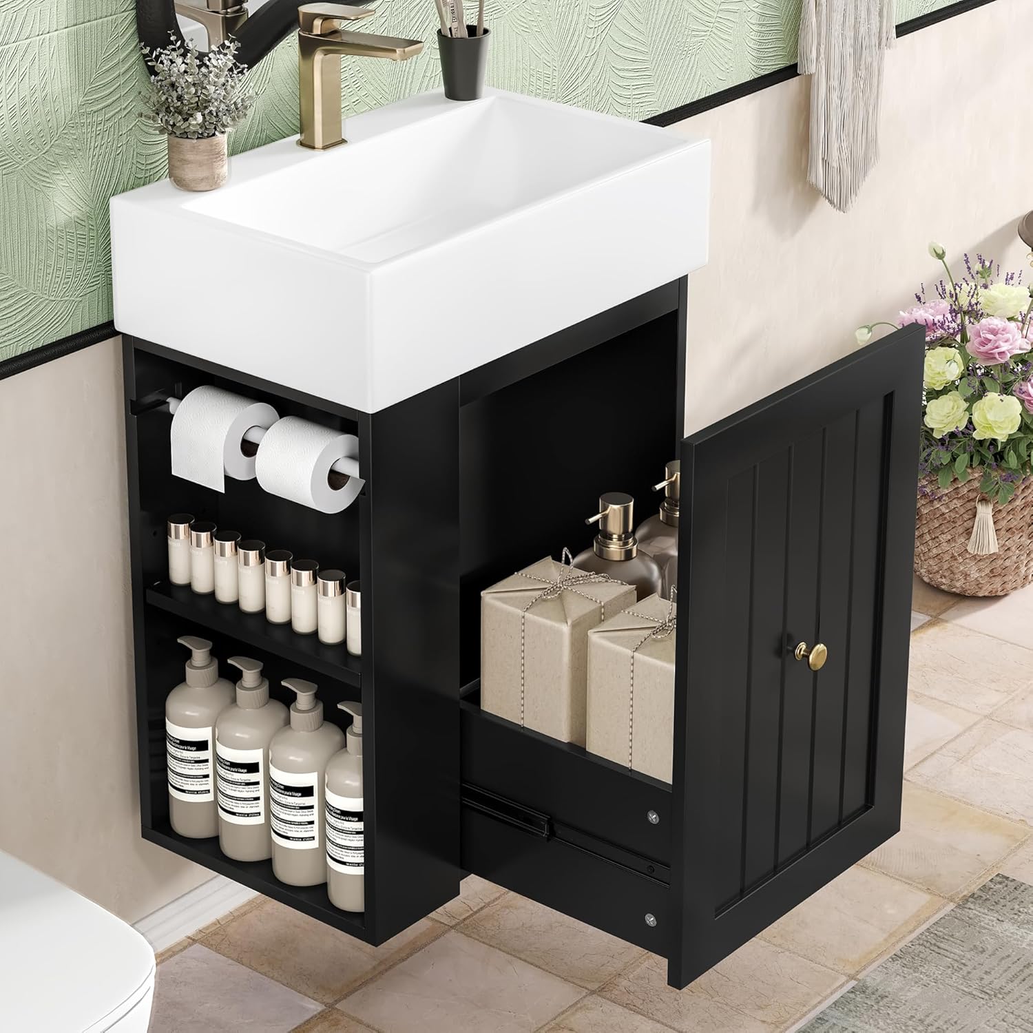 Harper & Bright Designs 20" Bathroom Vanity with Sink, Wall-Mounted Single Basin Vanity Set with One Drawer & Two-Tier Left Side Storage Shelf, Storage Cabinet with Ceramic Basin for Bathroom, Black