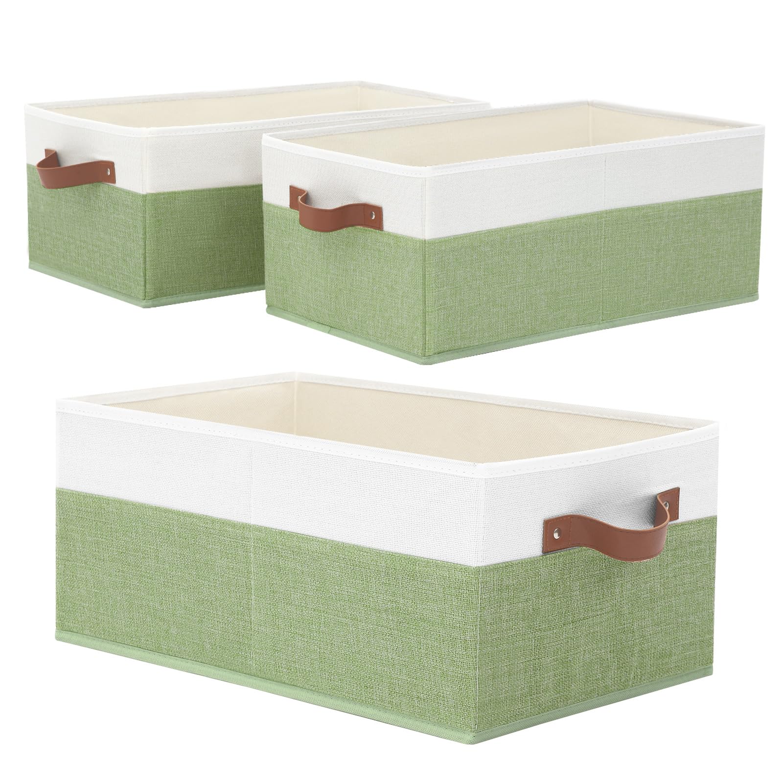 3 Pack Large Capacity Storage Bins Closet Organizer for Shelves, Fabric Closet Storage Baskets Boxes with Leather Handles for Organizing Clothes,