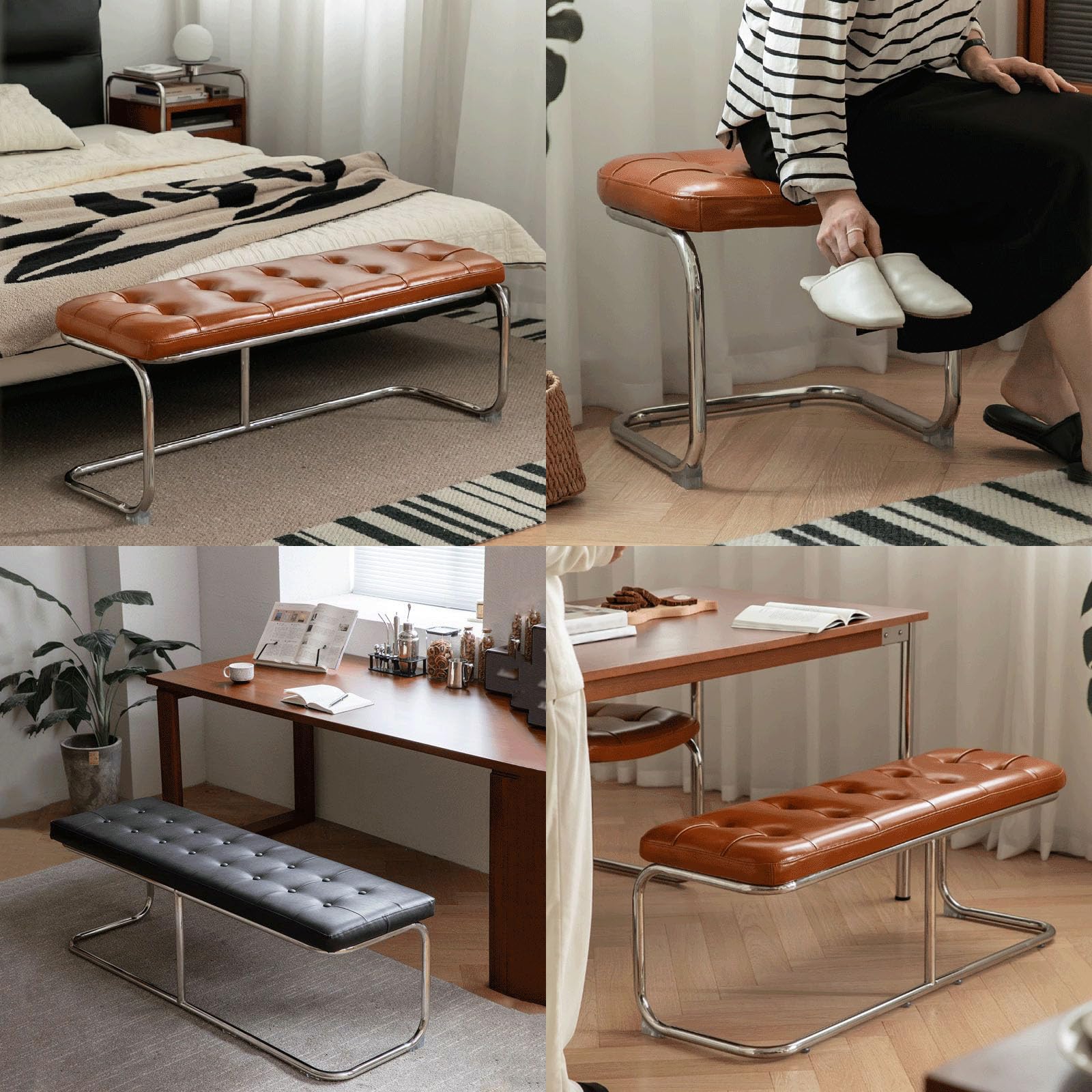Ce Banc de Pied de lit rétro en métal Multifonctionnel, avec Coussins en Cuir et Repose-Pieds antidérapant, est idéal pour Le Salon, Le Couloir, Le Dressing ou Le Rangement (Largeur 140 cm).
