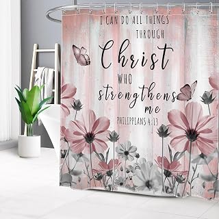 LB Vintage Floral Shower Curtain for Bathroom,Christian Bible Verse and Pink Daisy Flower Extra Long Shower Curtain with Hooks,Retro Wood Rustic Farmhouse Bathroom Curtain Shower Set, 72" W x 78" L