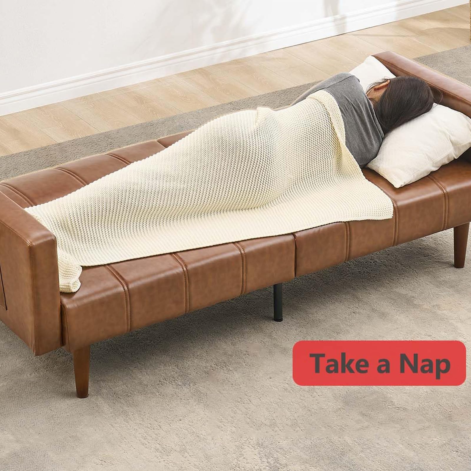 Convertible PU Leather Futon Sofa Bed – 75" Sleeper Couch with Adjustable Backrest, Mid-Century Modern Loveseat, Space-Saving Recliner, Side Pockets, Easy Assembly, Living Room or Guest Room