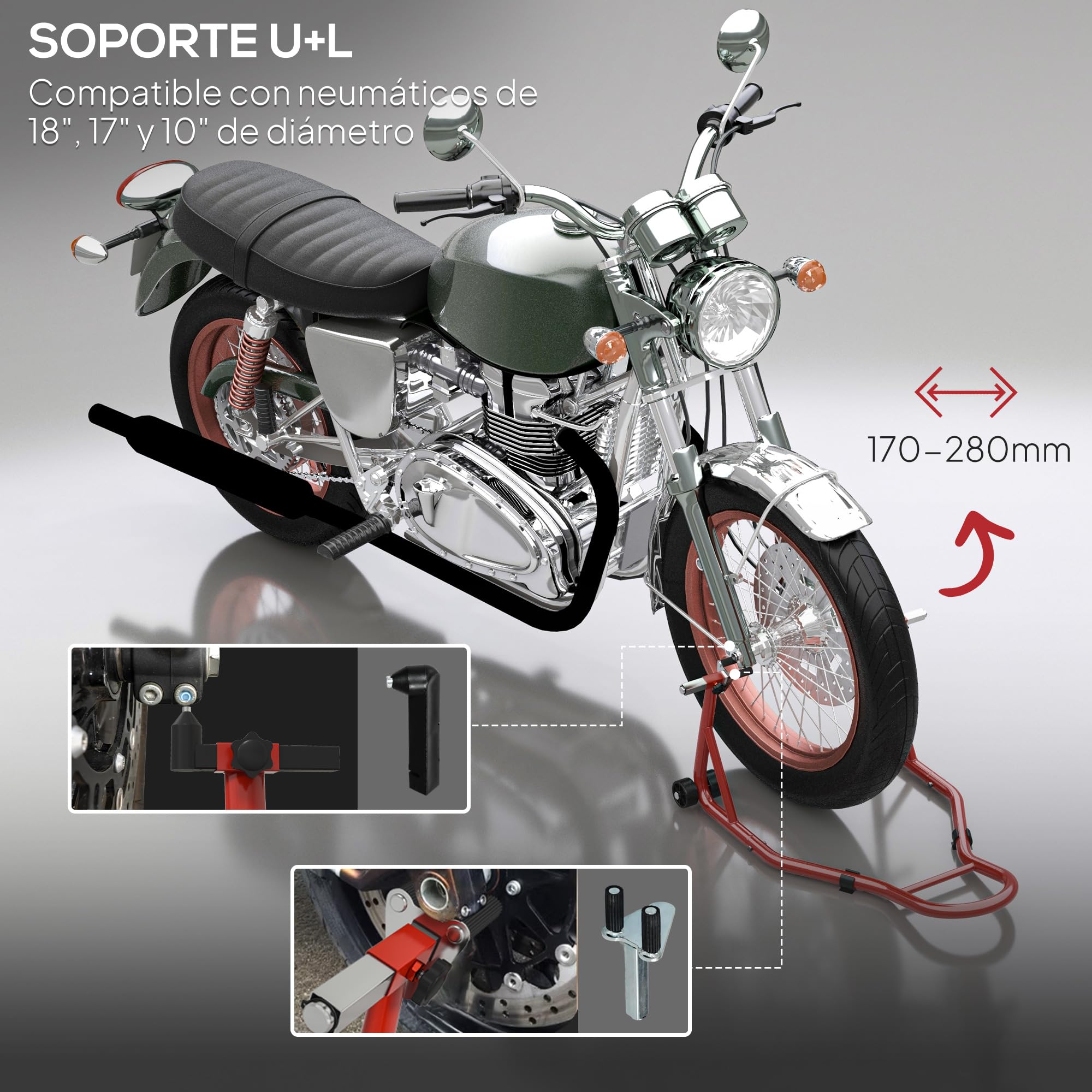 HOMCOM Caballete de Moto Soporte Delantero Universal Rueda 10" 17" 18" | Acero, Carga 200 kg, Horquillas en U y L Ajustables, Ruedas, Almohadillas Antideslizantes, Reparación en Garaje