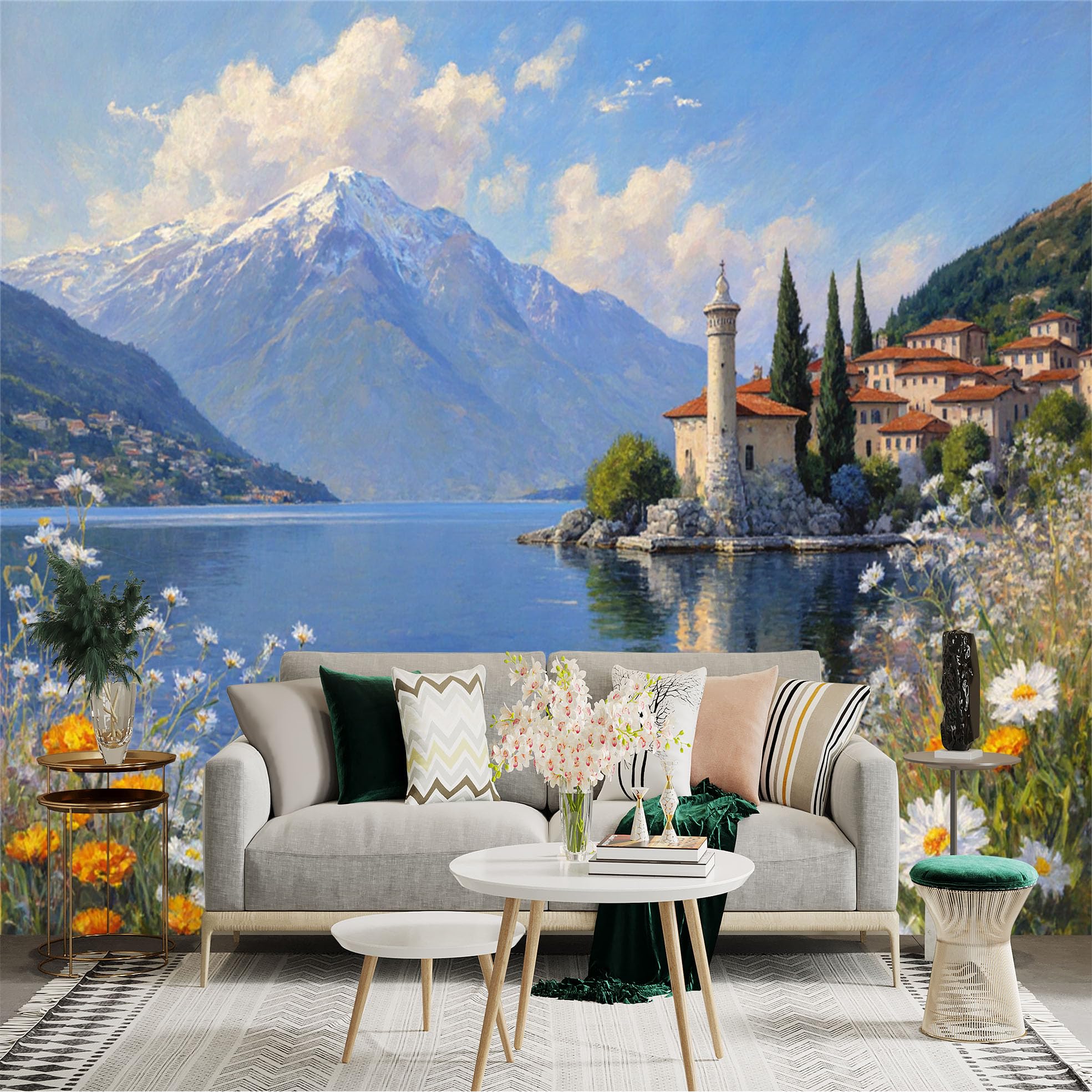 Custom Size Wall Sticker Mural， Scenic Lakeside Village with Snowy Mountains， Tower and Wildflowers， for wall Decoration， peelandstick wall Decals.