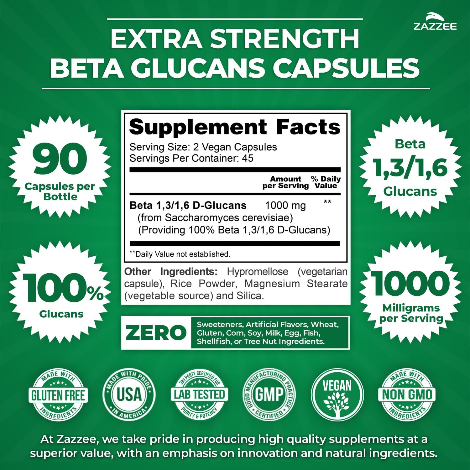 Zazzee Extra Strength 1,3/1,6 Beta Glucans, 1000 mg, 100% Concentrated, 90 Vegan Capsules, Supports a Healthy Immune System, 100% Vegetarian, All-Natural and Non-GMO - Image 3