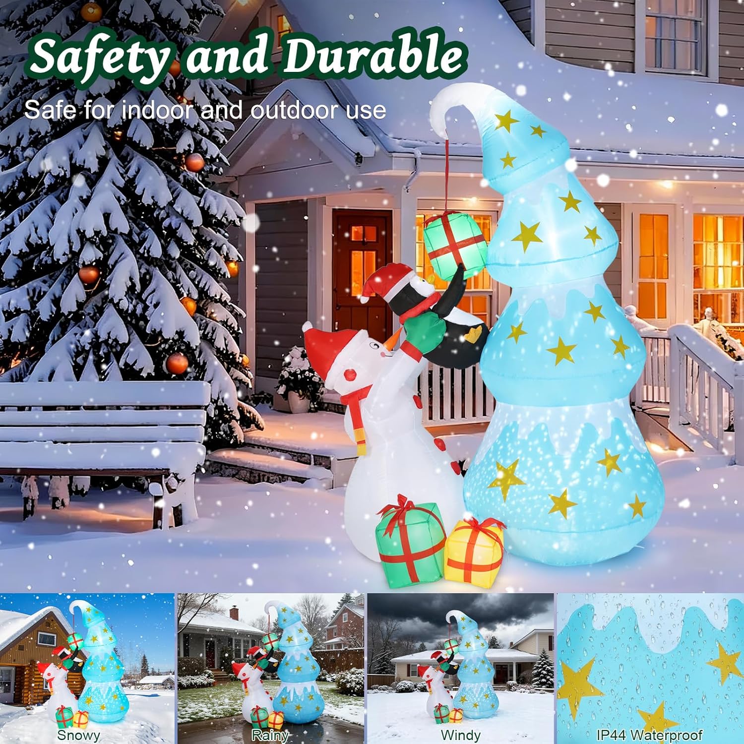Christmas Inflatables Decorations Outdoor, 8FT Christmas Tree with Snowman & Penguin, Blow Up Winter Tree with Built-in LED Lights, Inflatable Yard Decor for Xmas Garden Lawn Party