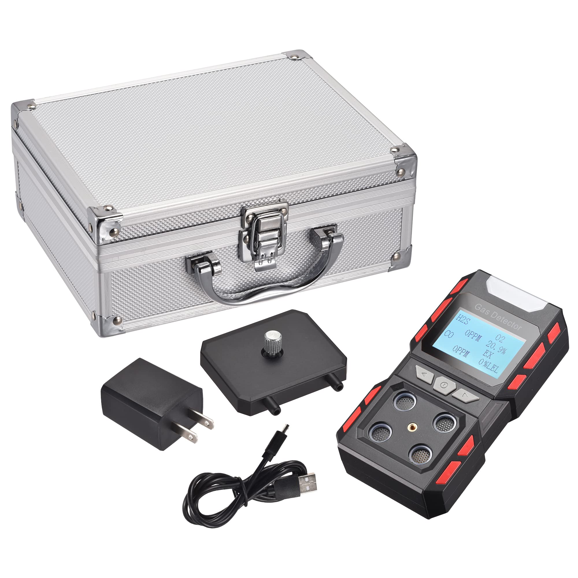Tragbarer 4-in-1-Gasmelder, tragbarer Gaslecksuchgerät mit digitaler LCD-Anzeige, 4-Gas Messgerät mit Ton-Licht-Vibrationsalarm mit Sprachansagen, wiederaufladbare Batterie (schwarz)