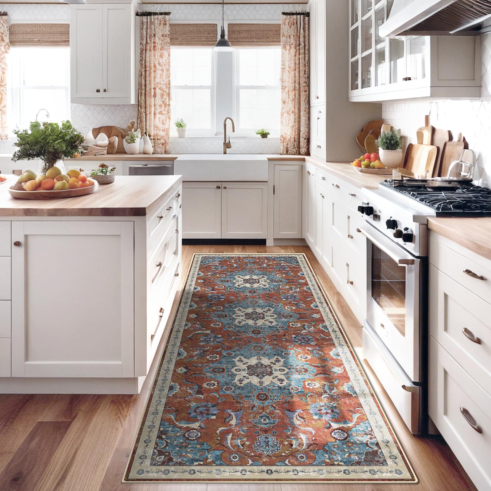 Roseek Rug Runner for Hallways 2x6, Kitchen Rugs Non Slip Washable, Boho Area Rug for Living Room, Low Pile Distressed Floral Rugs Carpet Runners for