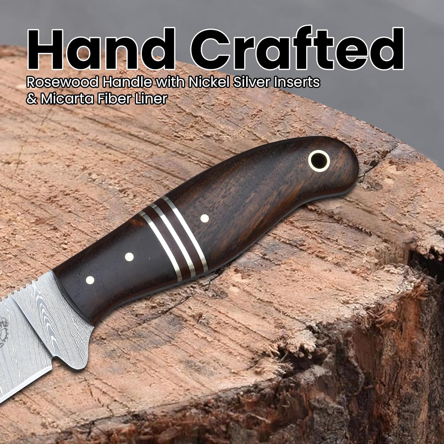Knives Ranch Orca - Handmade Knife for Hunting, Camping, Bushcraft & Outdoors - Damascus Steel - Full Tang - Razor Sharp - Excellent Edge Retention - Rosewood Handle - Horizontal Carry Cowboy Sheath Snug FIt (3161-IRW)