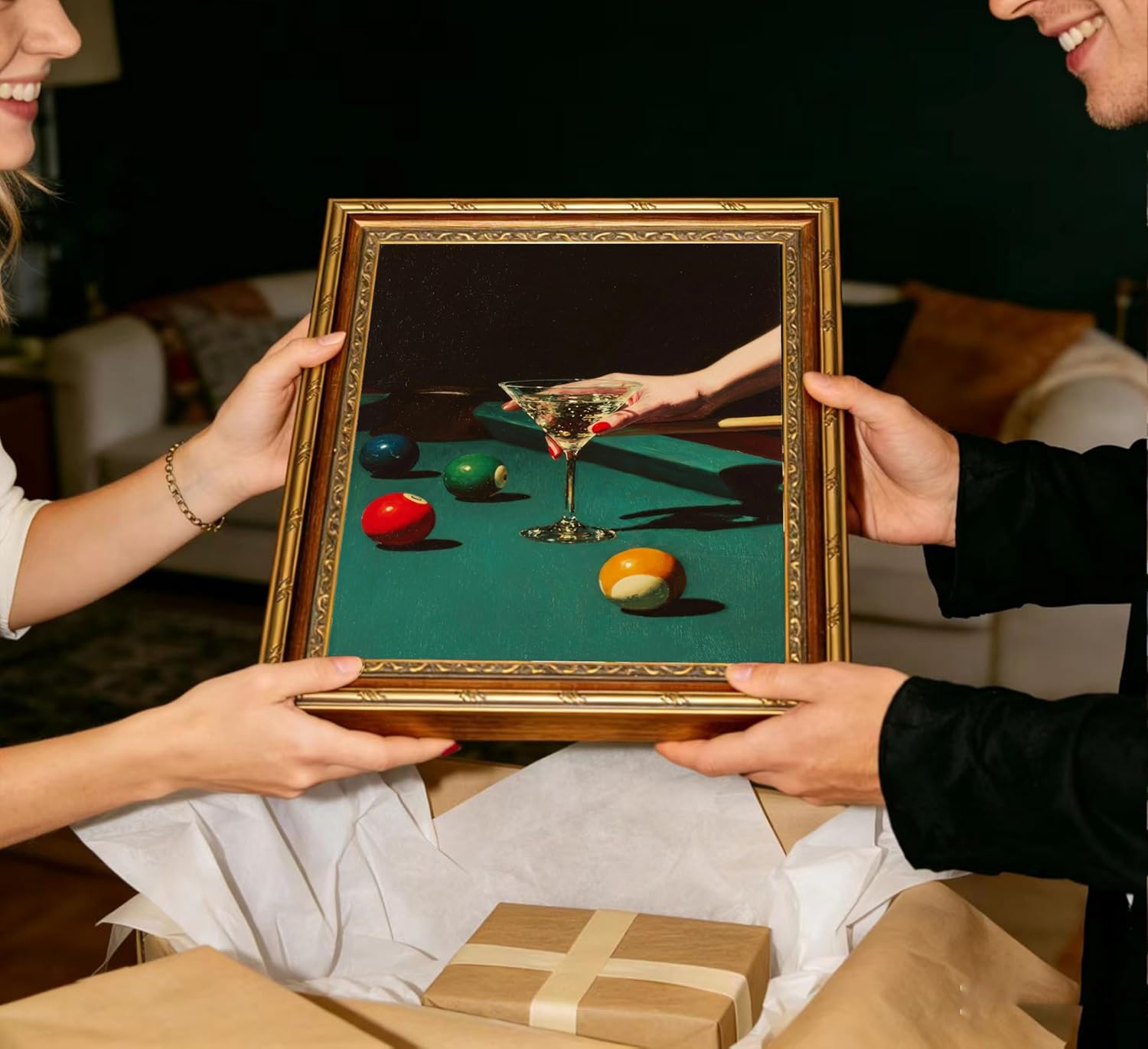 Vintage Gold Framed Bar Wall Art, Retro Dive Bar Martini Pool Oil Painting Canvas Print, Trendy Billiards Cocktail Picture, Lucky 8 Ball Poster Artwork for Tavern Kitchen Dining Room