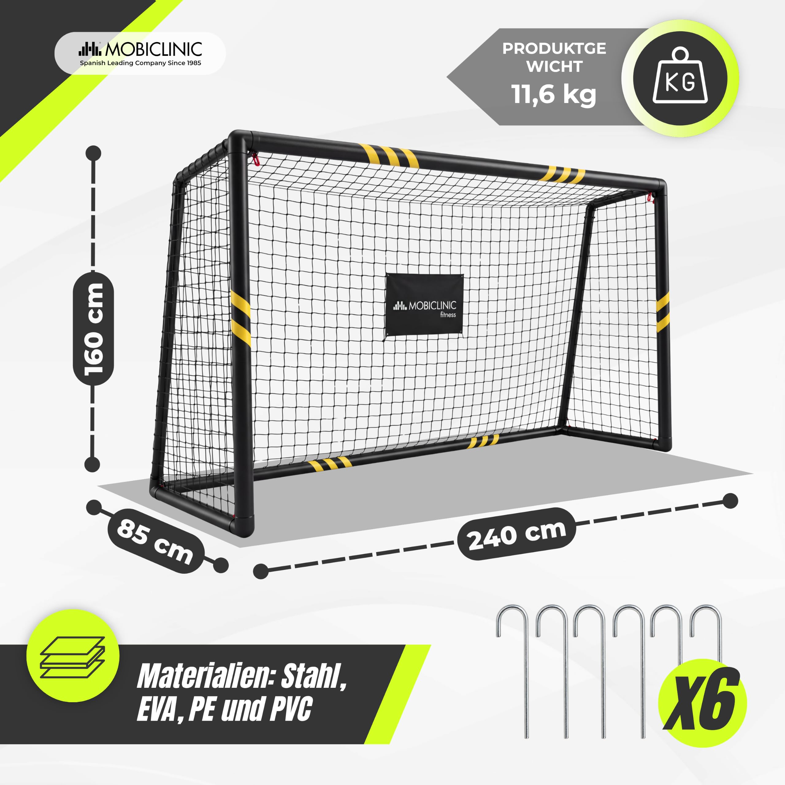 Mobiclinic®, Fußballtor, 240 x 160 x 85 cm, Netz mit Spannseil