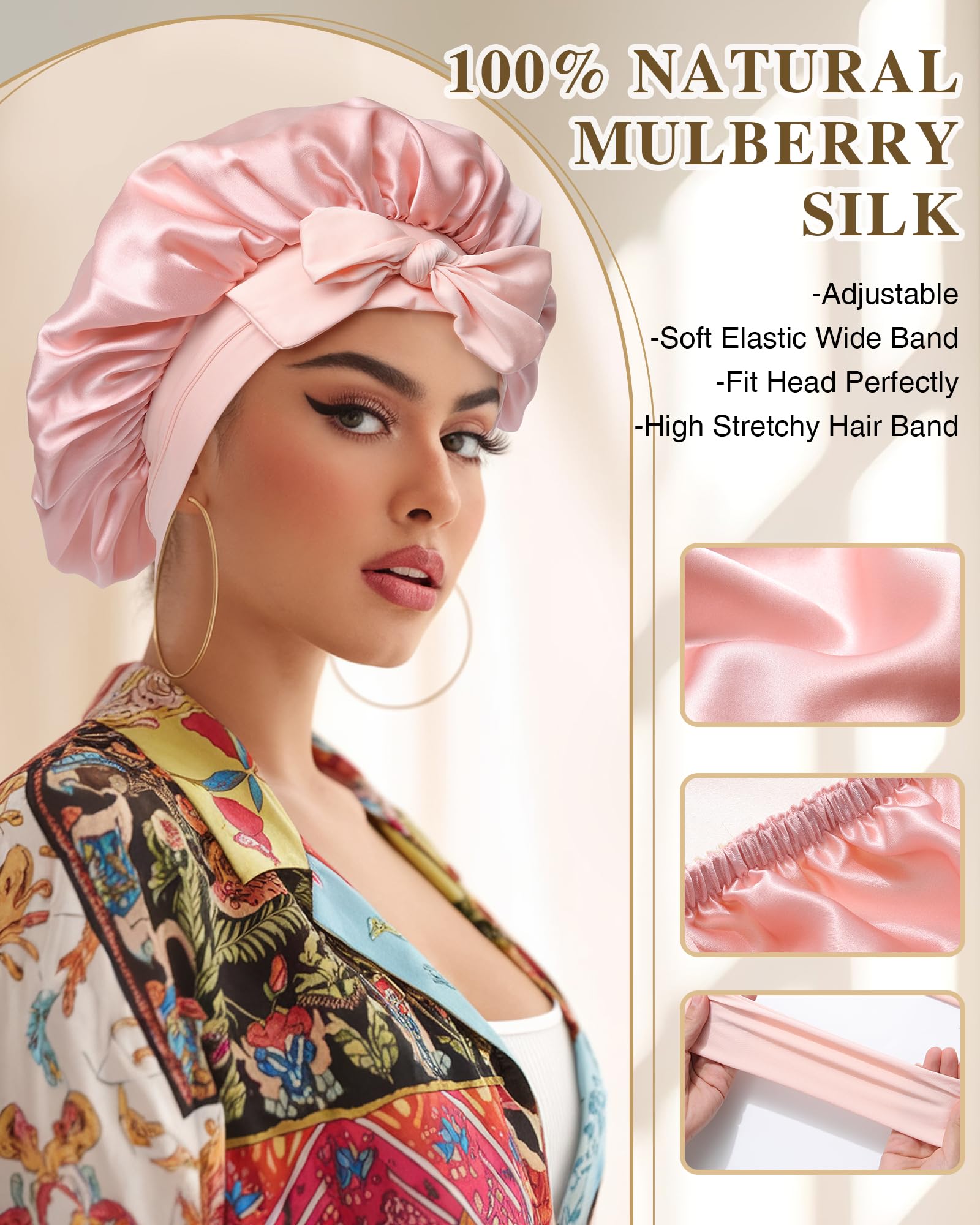 Seidenhaube zum Schlafen, 100 % Maulbeere, doppellagige Seide, Schlafmütze mit verstellbarem Gummiband, Seidenhaarwickel