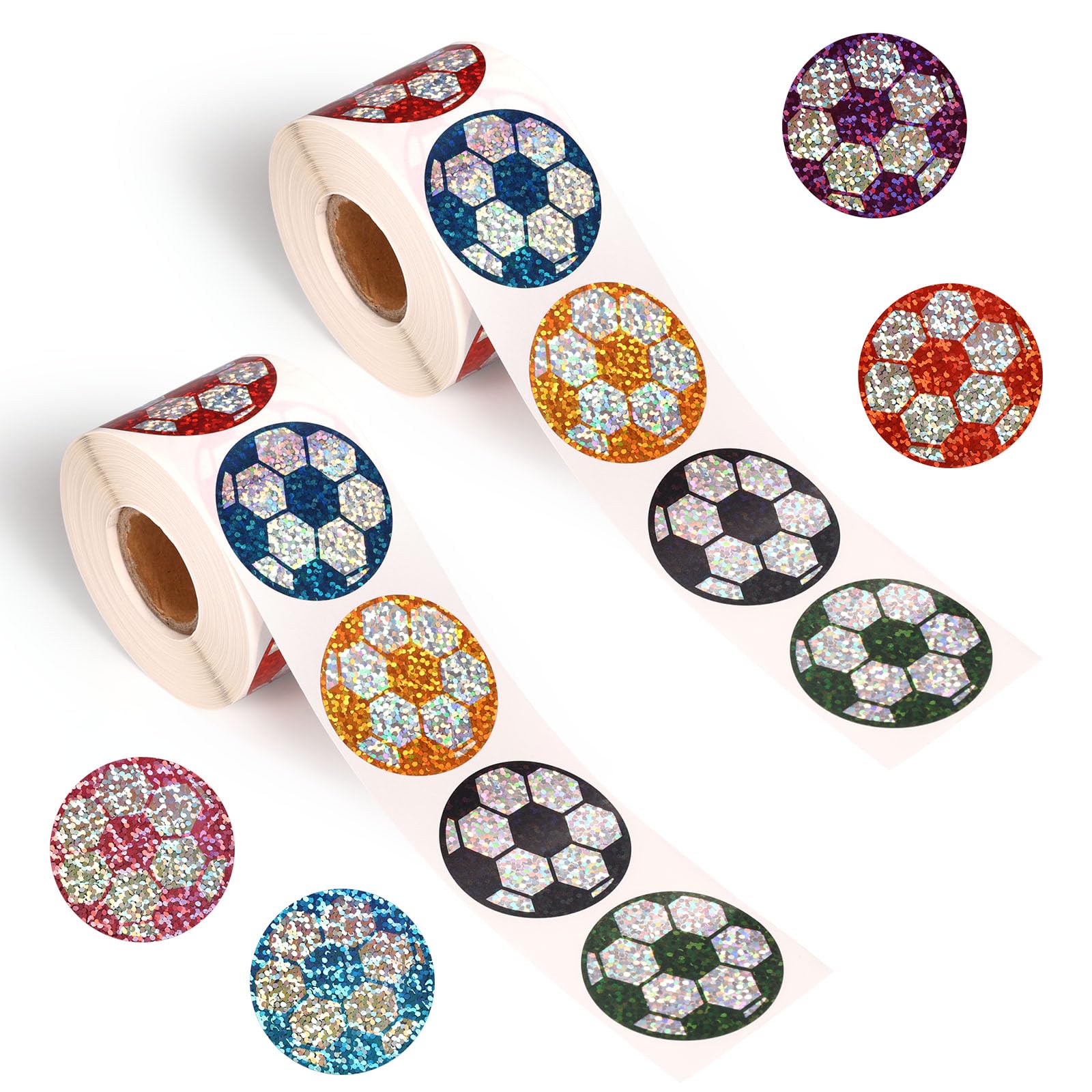 Penitue 1000pcs Soccer Stickers, 1.50in/3.8cm Multi-Color Holographic Football Decals Gifts Sports Ball Stickers for Laptop Phone Case Scrapbook Water Bottles Party Favors Stuff