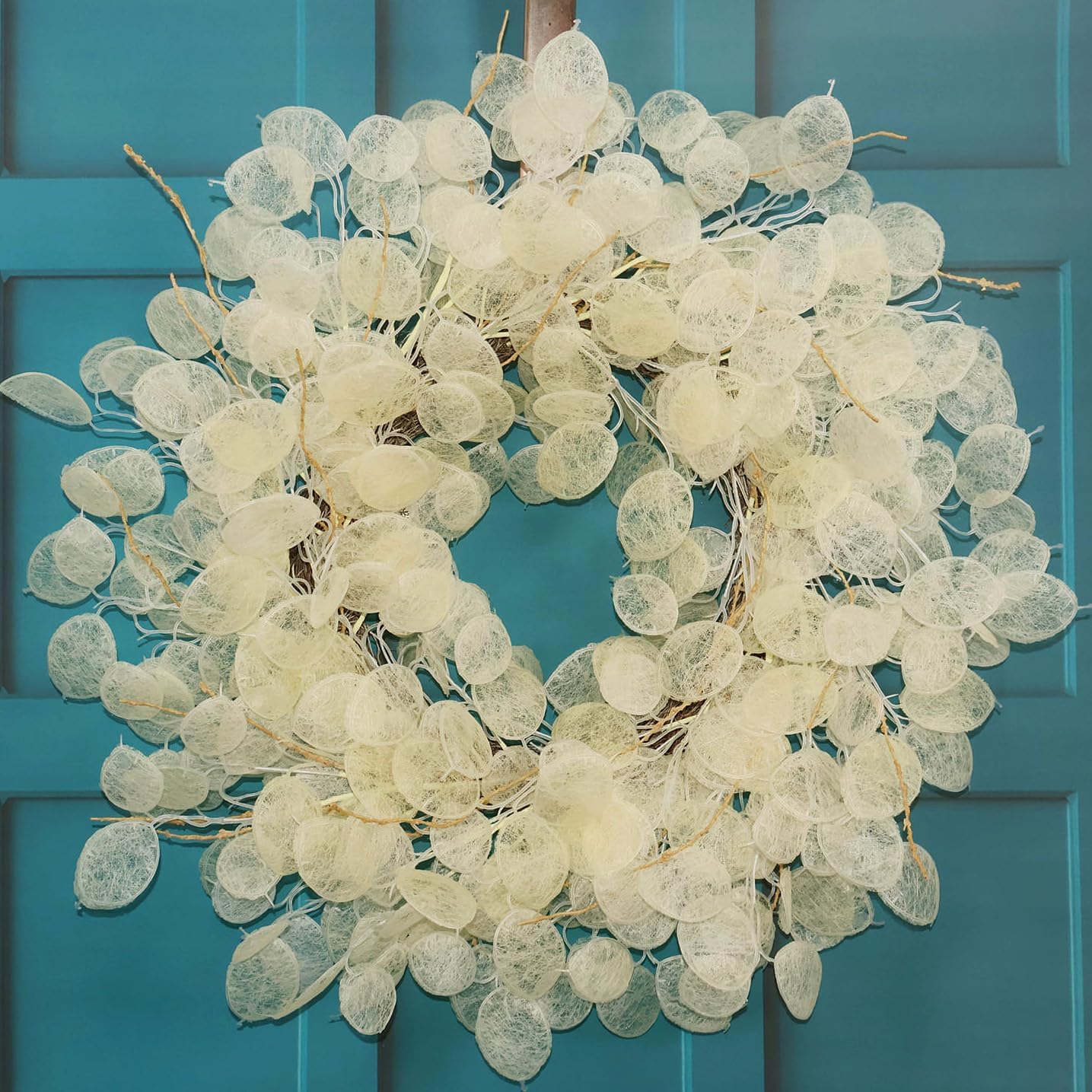 22"-24" Yellow & Cream Fake (Not Real-Looking) Winter Fall Wreaths for Front Door – Boho Year Round Farmhouse Porch Door Decor – Beige Eucalyptus Lunaria Annua Welcome Door Wreath