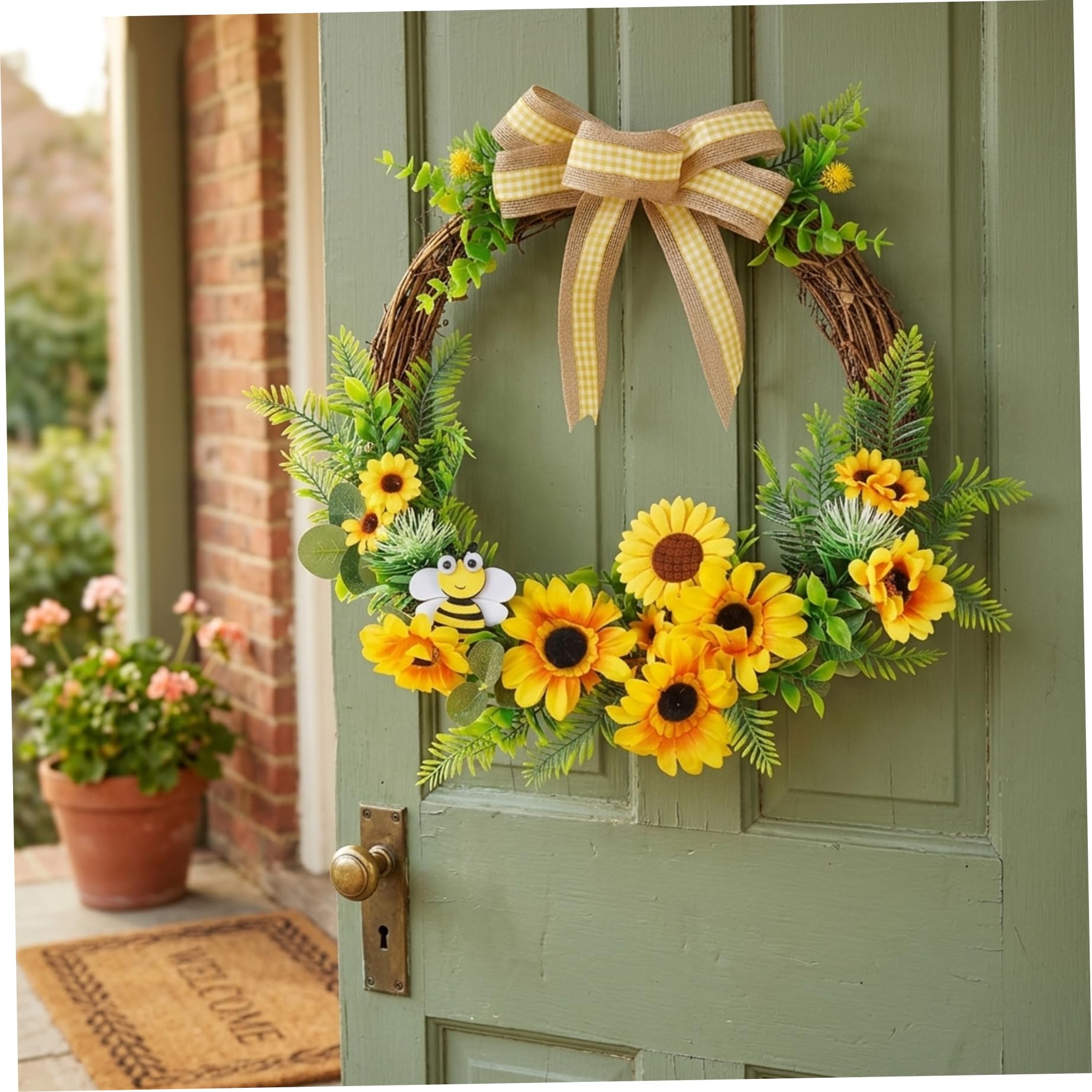 Sunflower Wreath, Honey Bee Door Wreath with Vibrant Artificial Flowers for Front Door, Summer Welcome Decor for Home and Outdoor, Indoor Outdoor